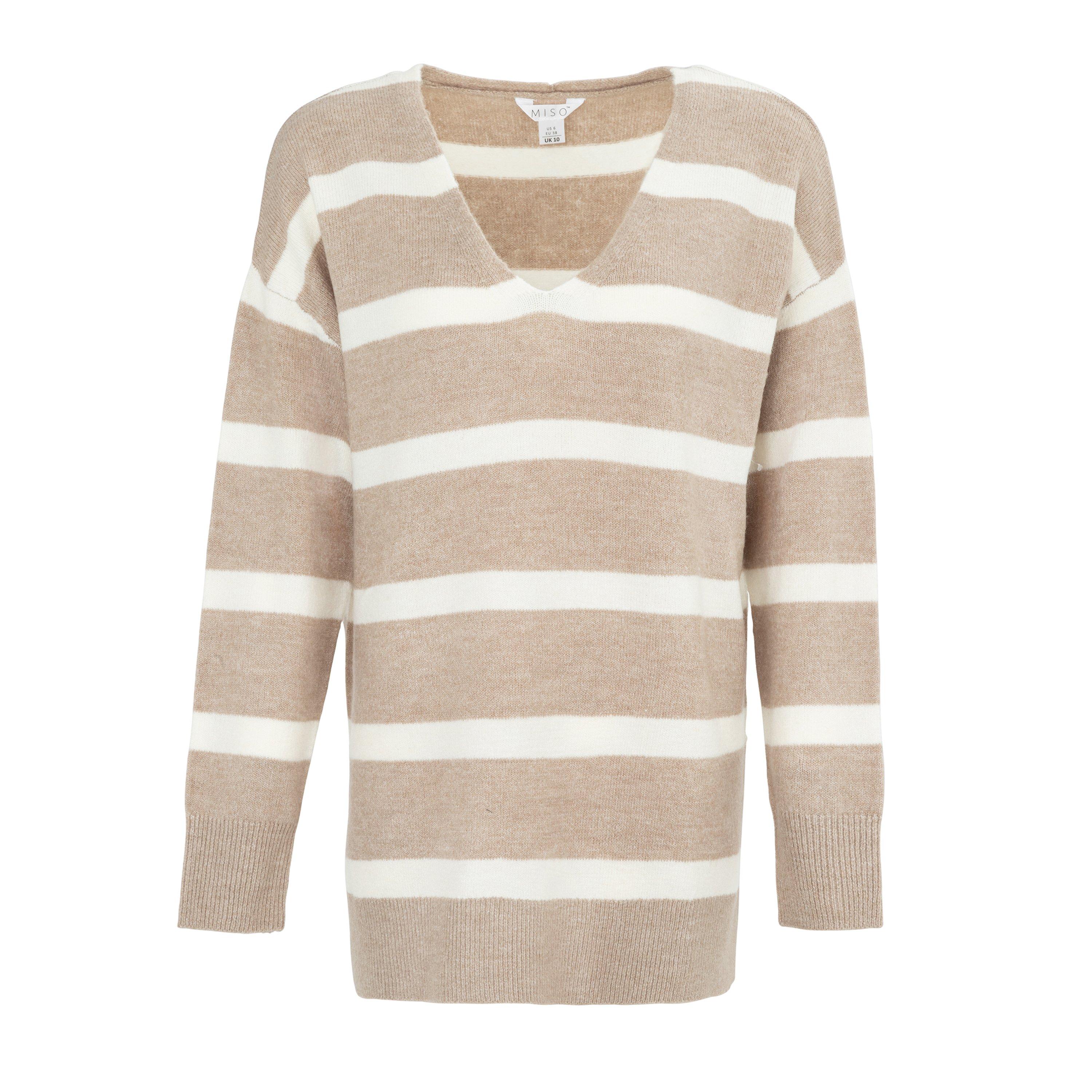 Miso Women's V Neck Loose Stripe Sweater Dress - Brown - 8 (XS)