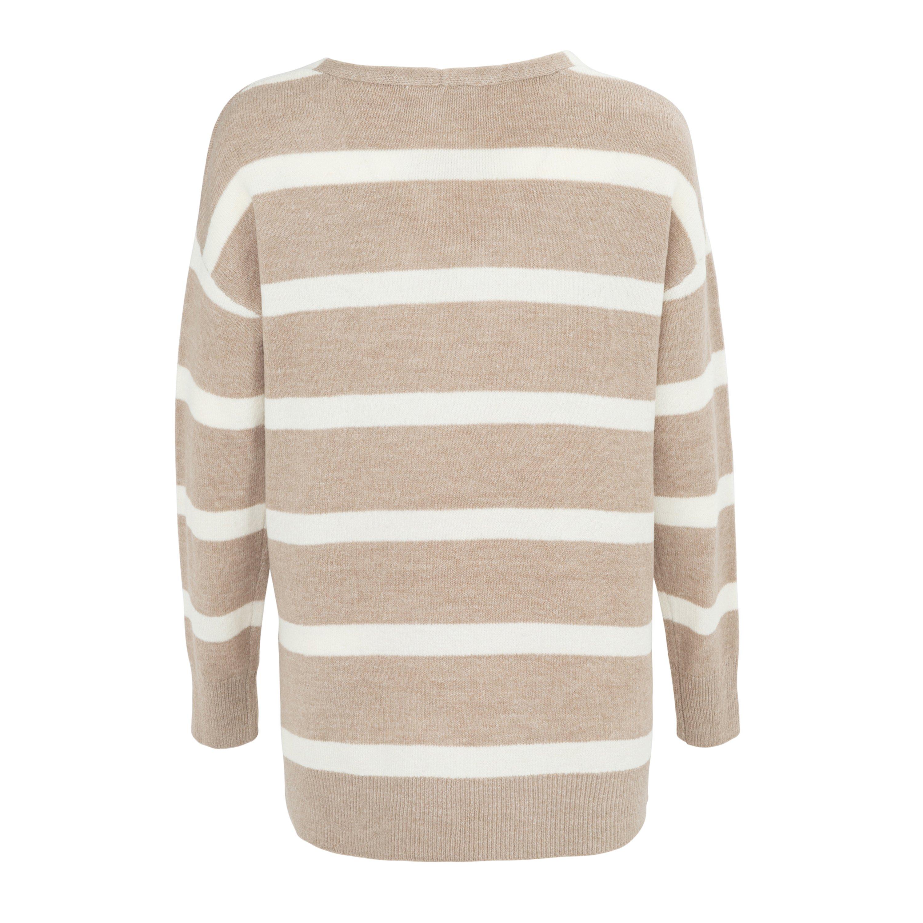 Brown - Miso - V Neck Loose Stripe Sweater Dress Women - 2