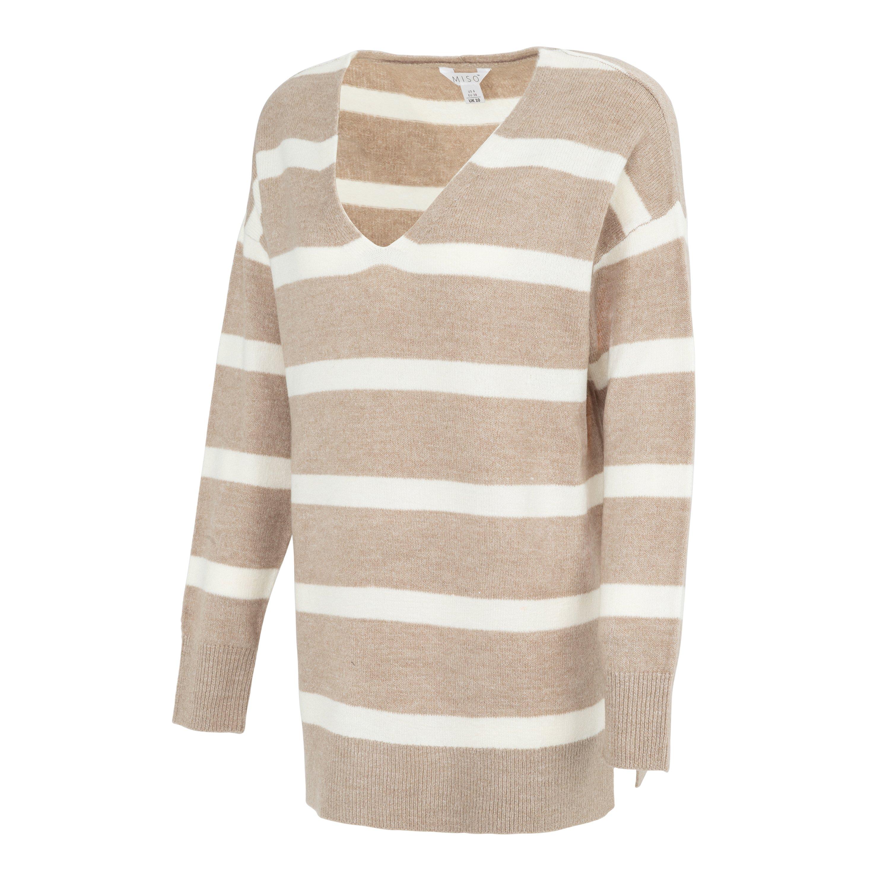 Brown - Miso - V Neck Loose Stripe Sweater Dress Women - 3