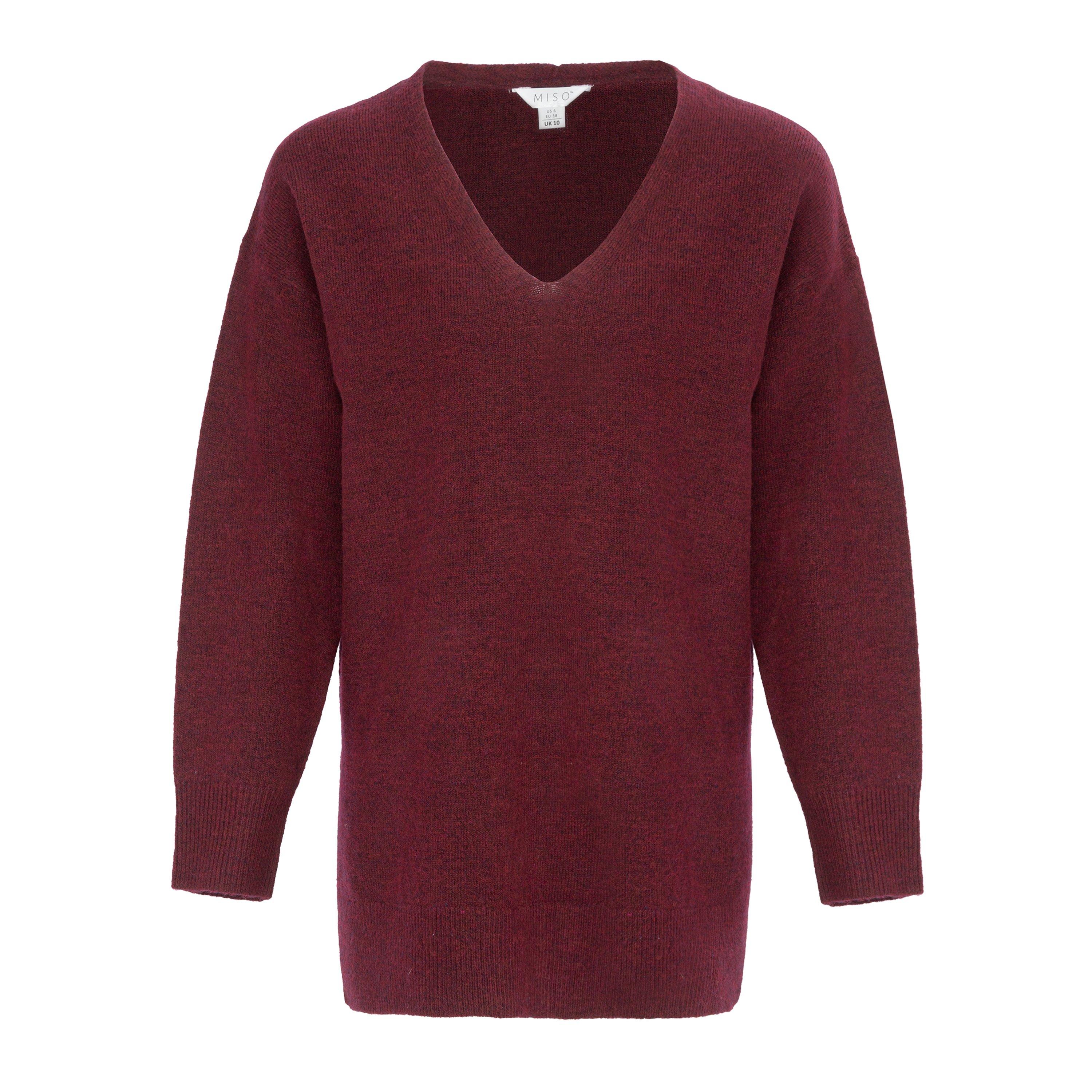 Miso Women's V Neck Loose Stripe Sweater Dress - Burgundy - 12 (M)