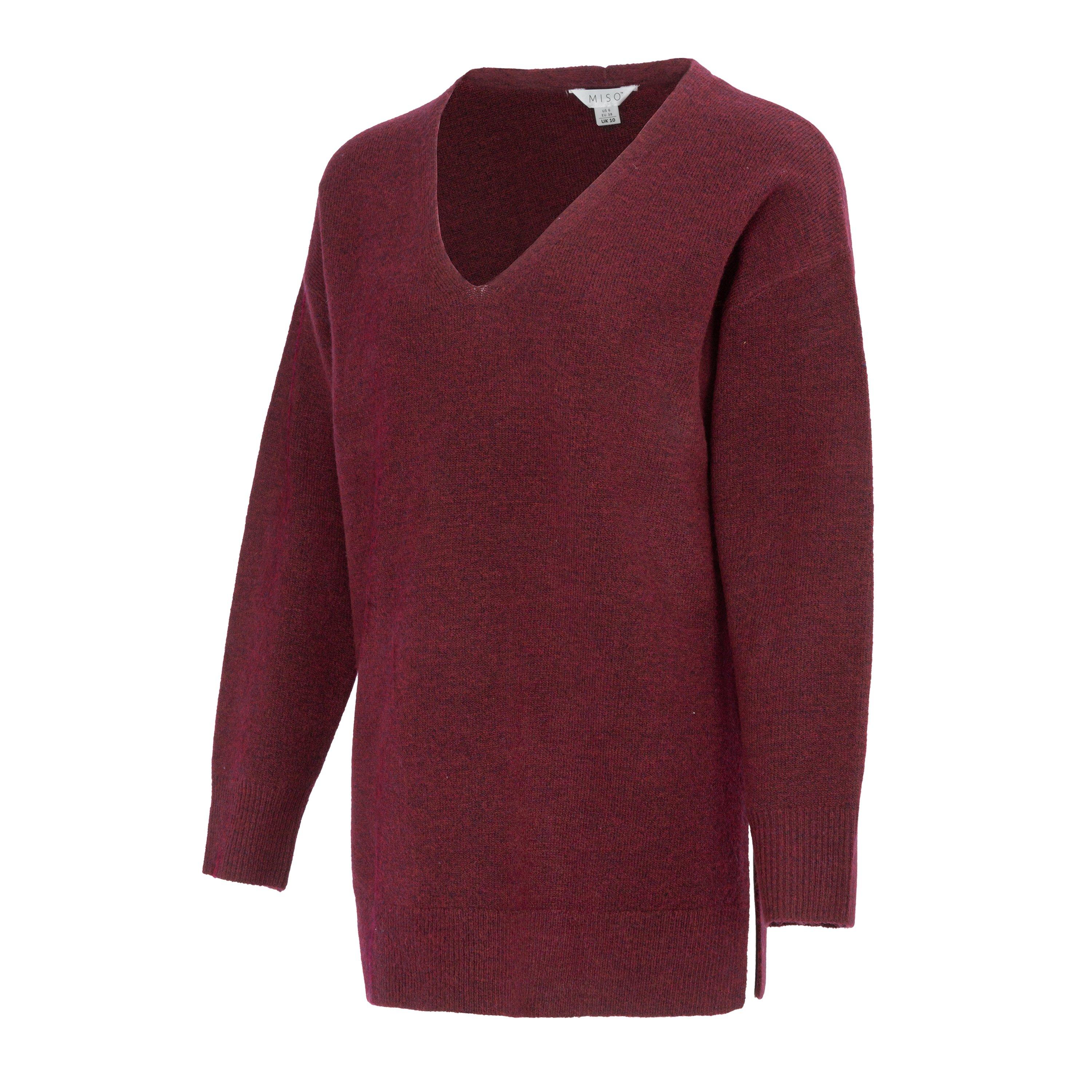 Bourgogne - Miso - V Neck Loose Stripe Sweater Dress Women - 3