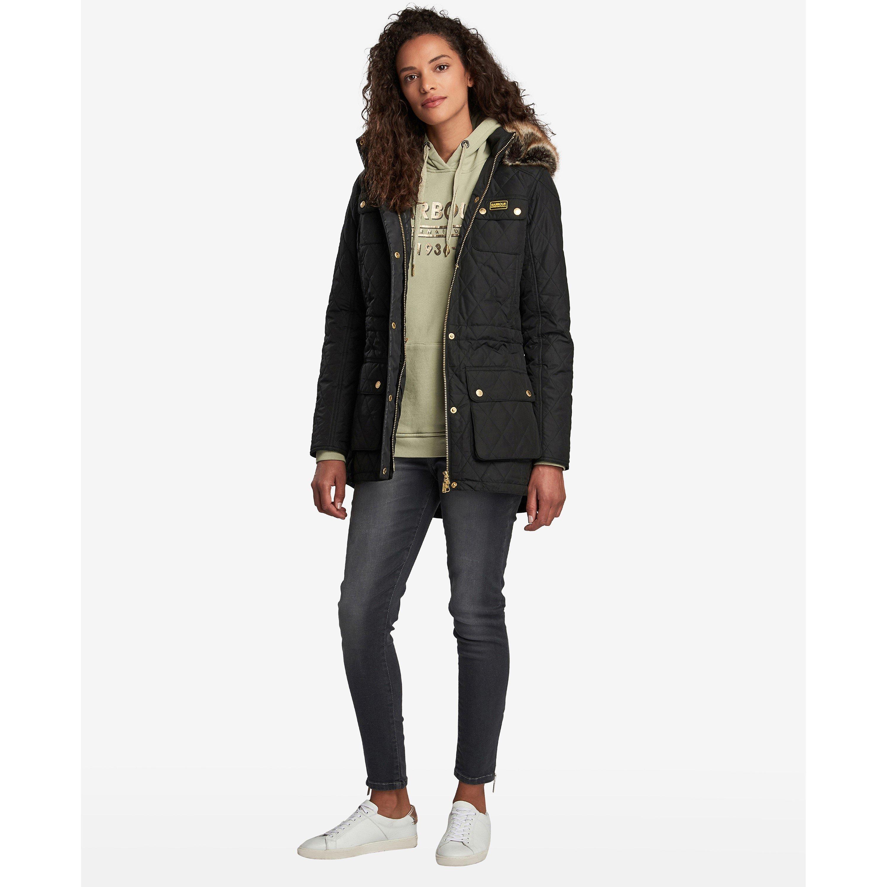 Black - Barbour International - Women's Enduro Quilted Windproof Faux Fur Trim Mid-Length Short Puffer Jacket - 4