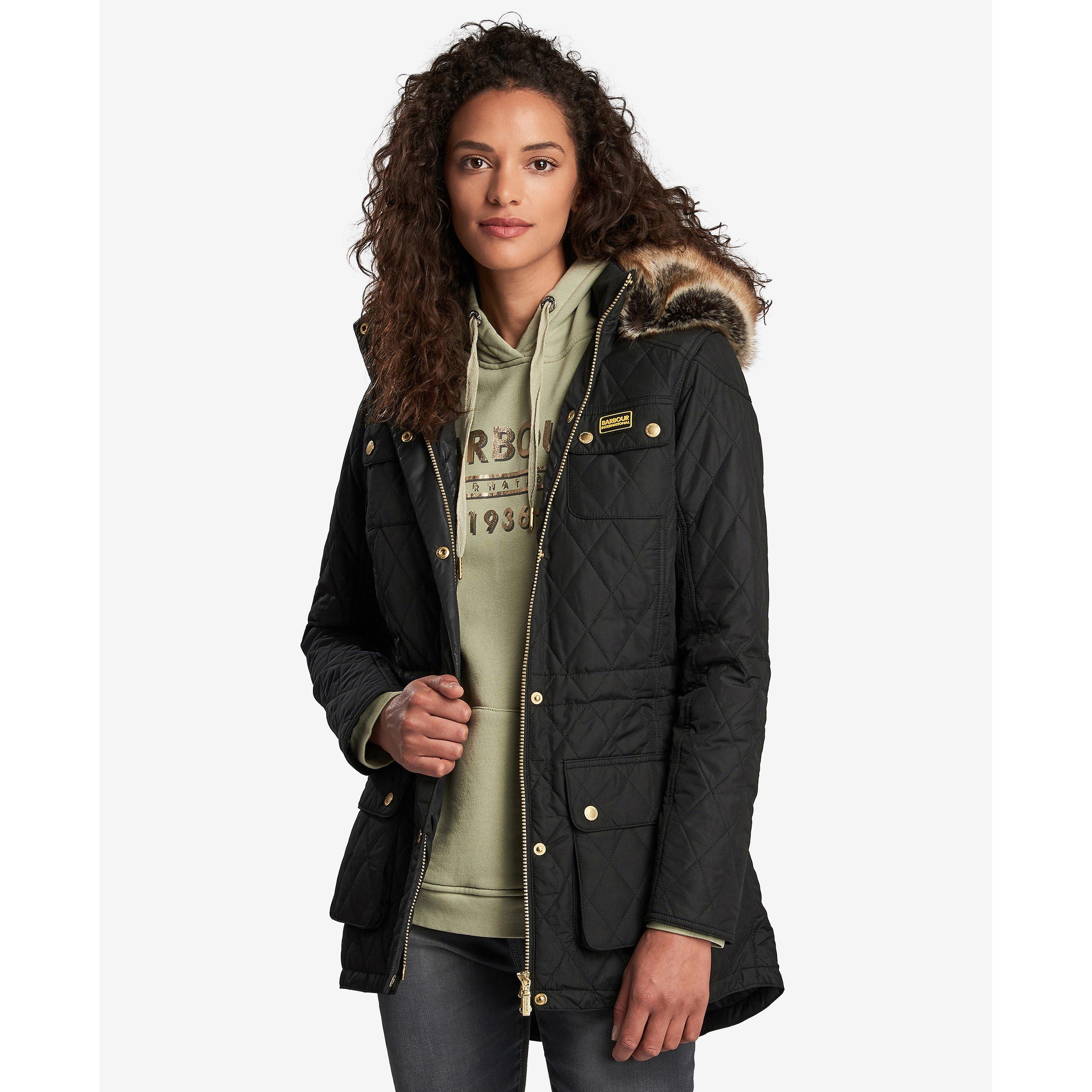 Black - Barbour International - Women's Enduro Quilted Windproof Faux Fur Trim Mid-Length Short Puffer Jacket - 5