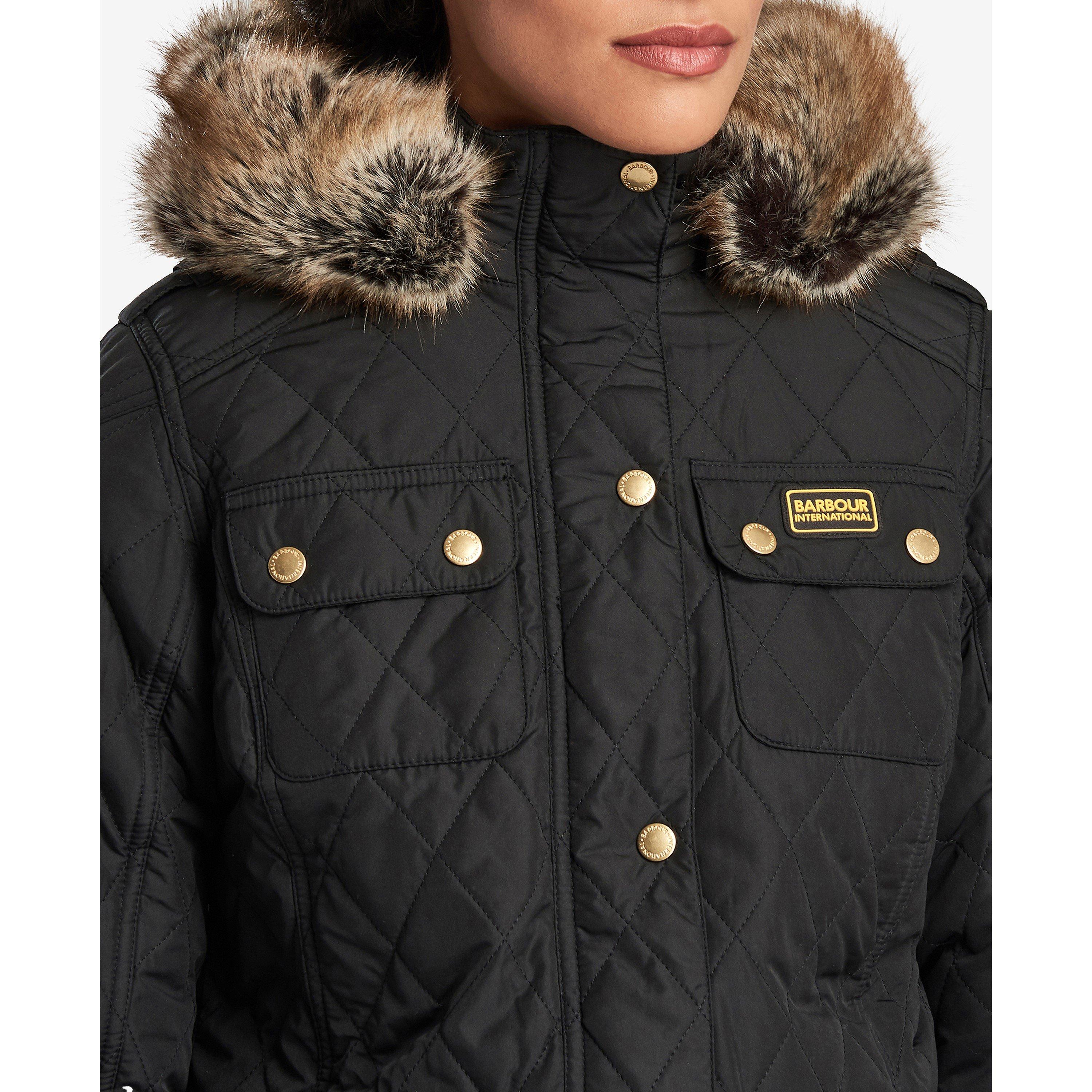 Black - Barbour International - Women's Enduro Quilted Windproof Faux Fur Trim Mid-Length Short Puffer Jacket - 6