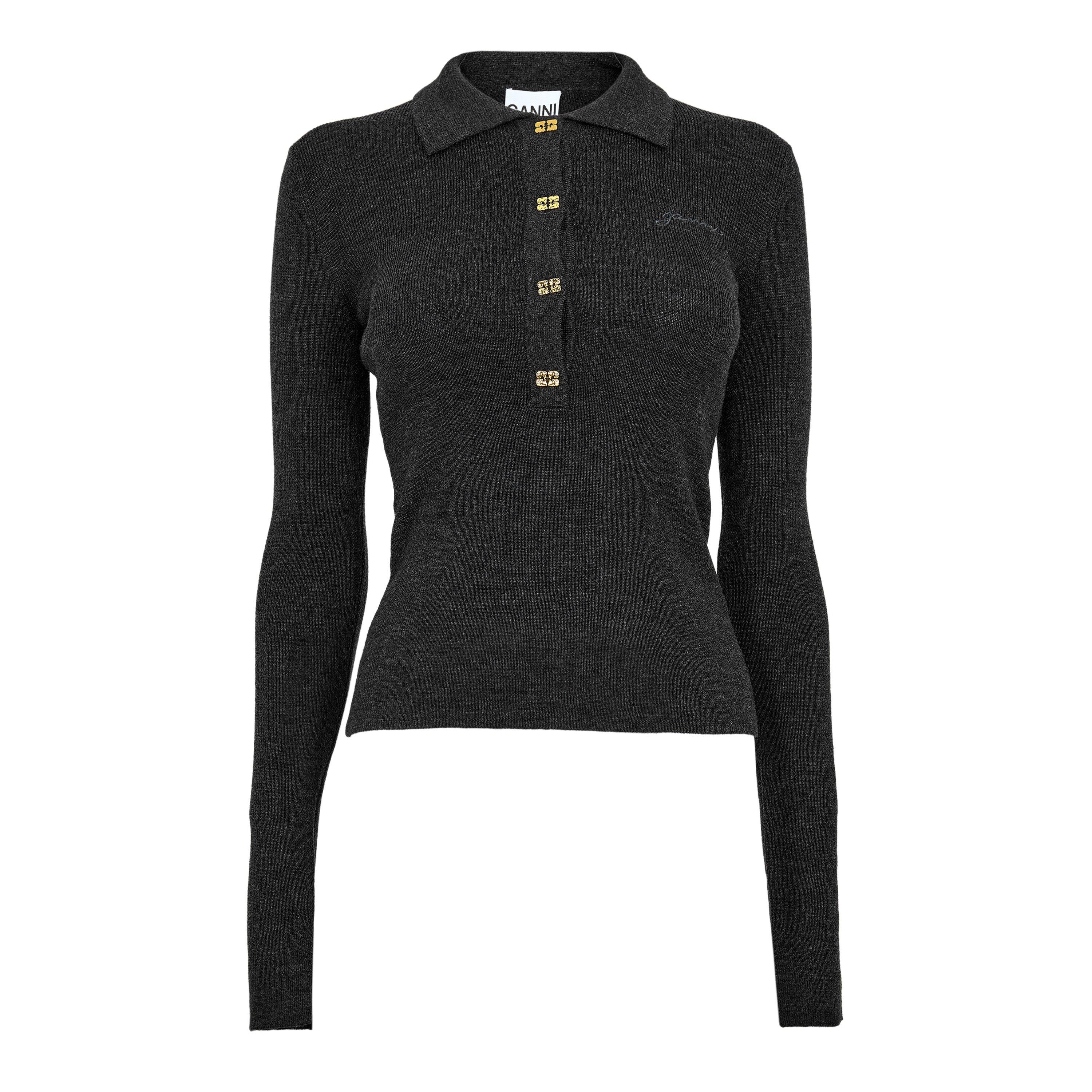 Ganni Women's Merino Polo Knitted Top - Phantom - Size 12 (38)