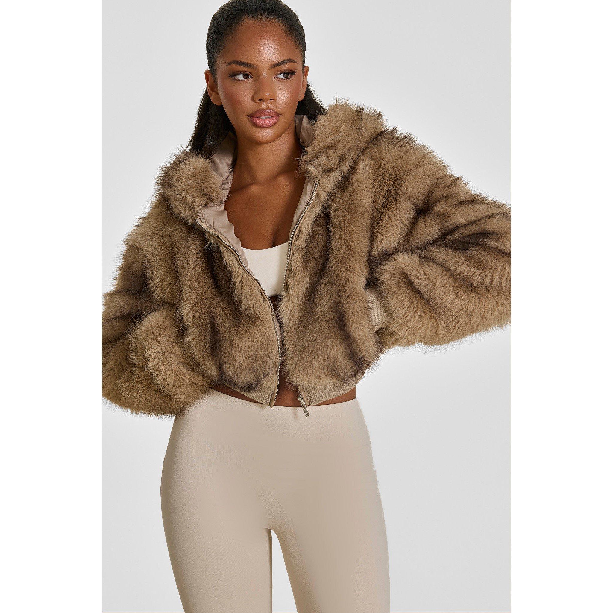 Beige - Mars The Label - Women's Monroe Faux Fur Cropped Hooded Teddy Coat - 4