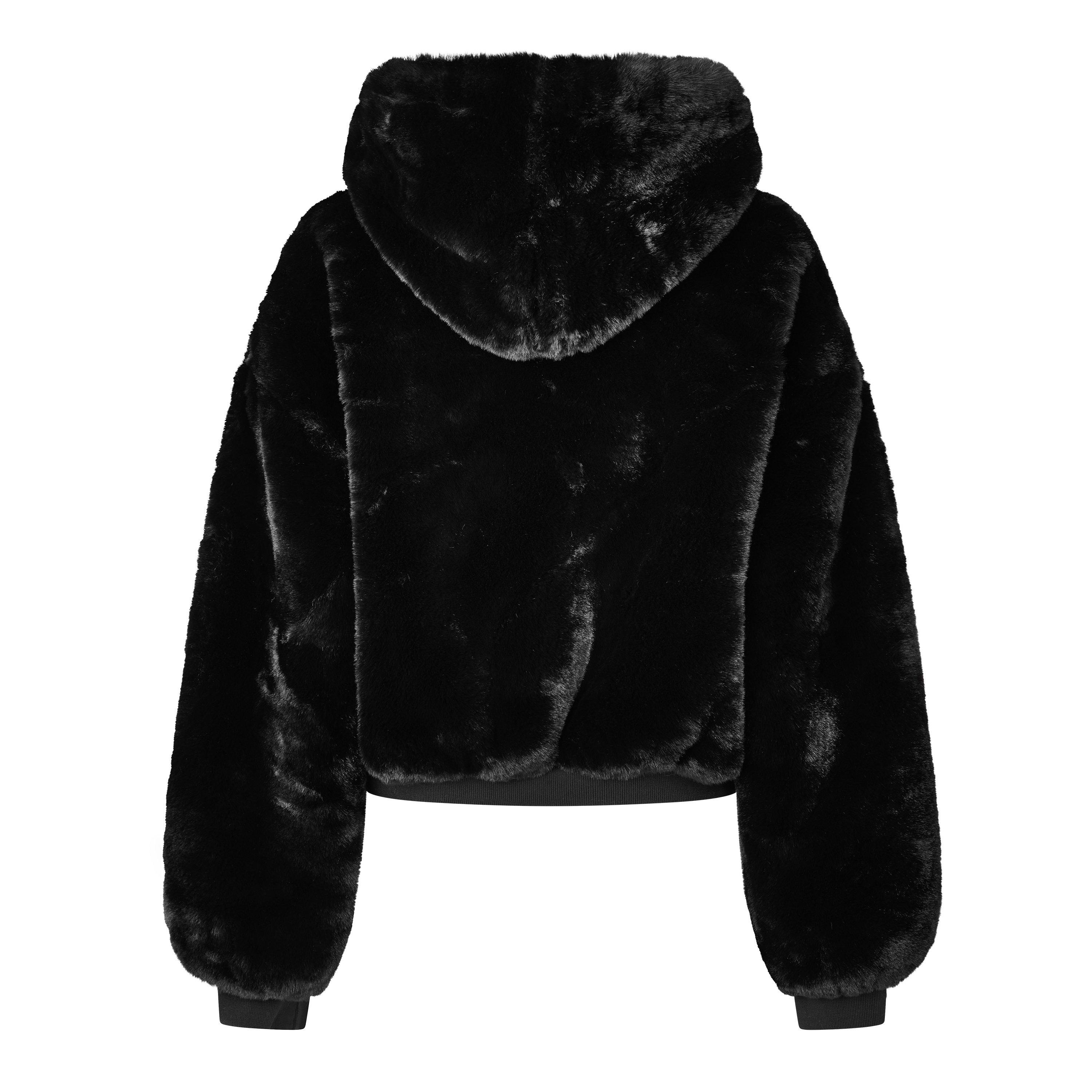 Black - Mars The Label - Women's Hooded Faux Fur Full-Zip Cropped Oversized-Fit Teddy Coat - 2