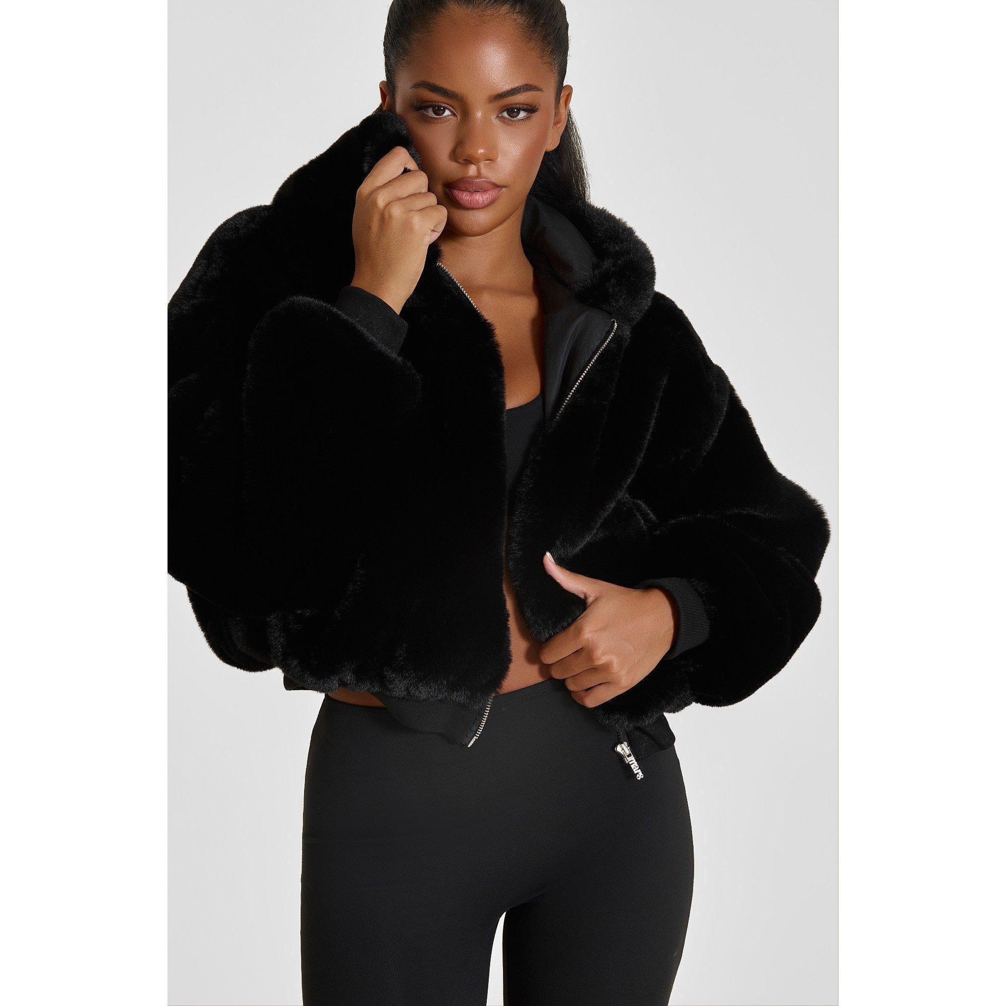 Black - Mars The Label - Women's Hooded Faux Fur Full-Zip Cropped Oversized-Fit Teddy Coat - 5