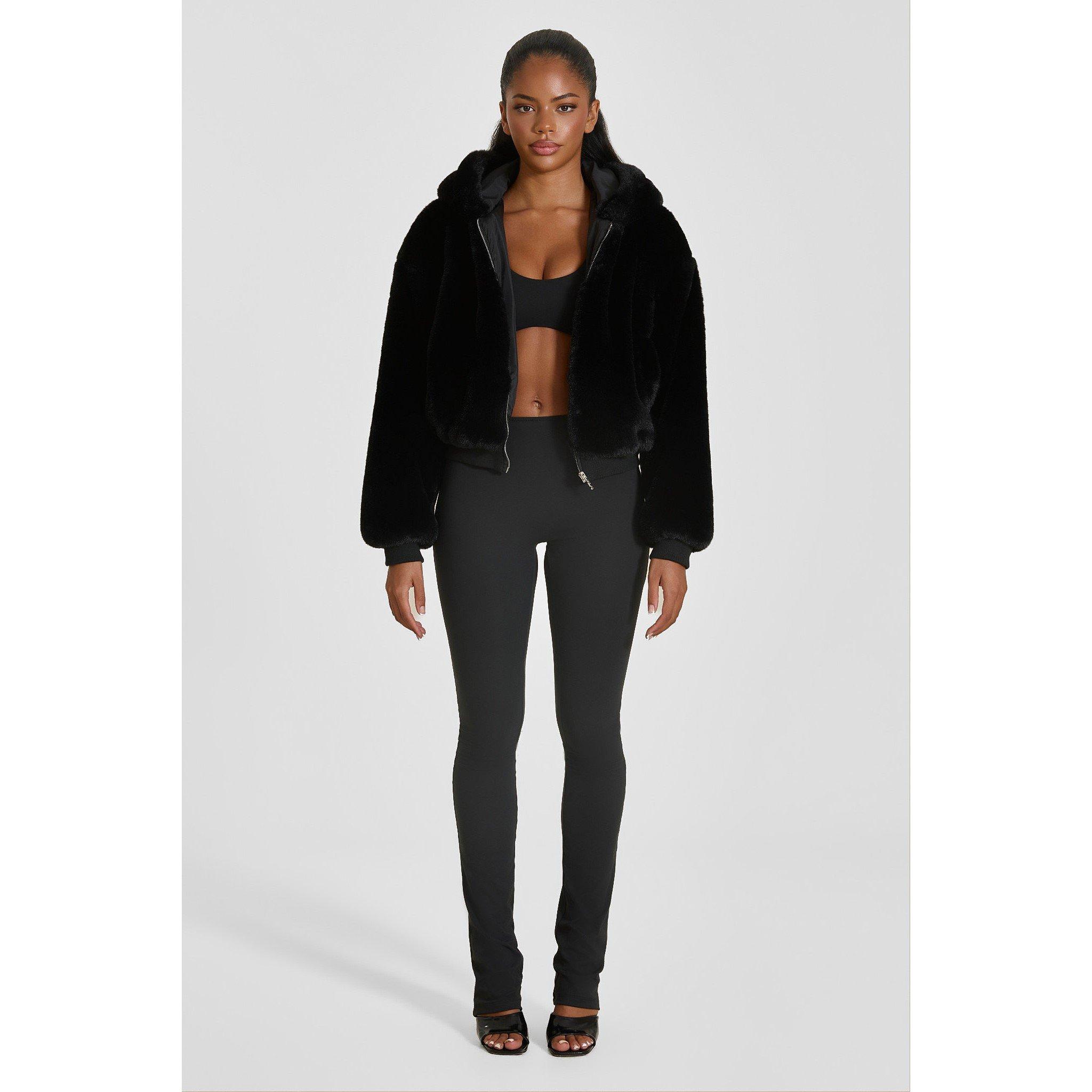 Black - Mars The Label - Women's Hooded Faux Fur Full-Zip Cropped Oversized-Fit Teddy Coat - 3