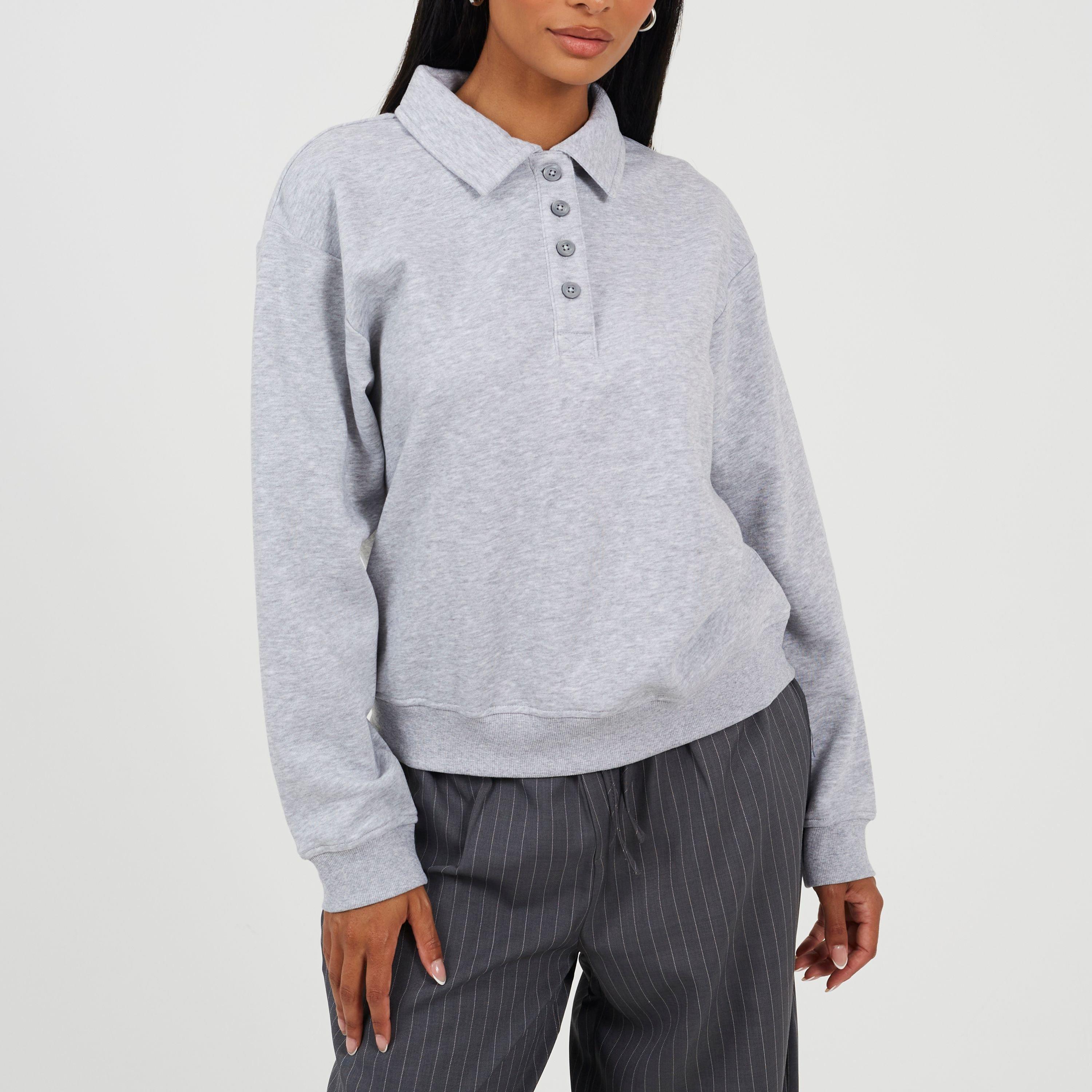 Silver Grey Mar - Brave Soul - BS Womens Quarter Button Down Sweatshirt with Collar - 1