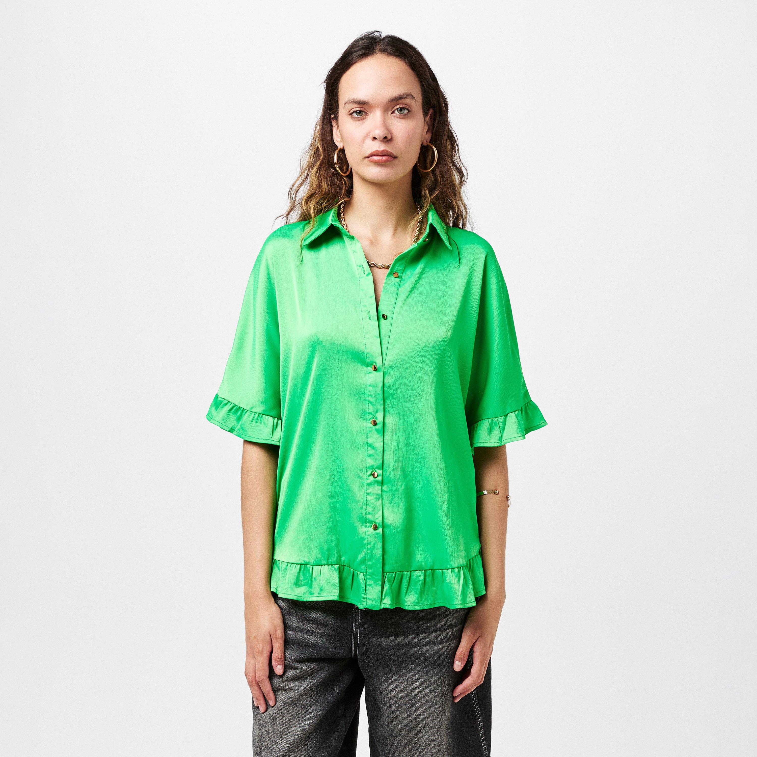 Green - AX Paris - Frill Detail Gold Button Front Shirt - 3