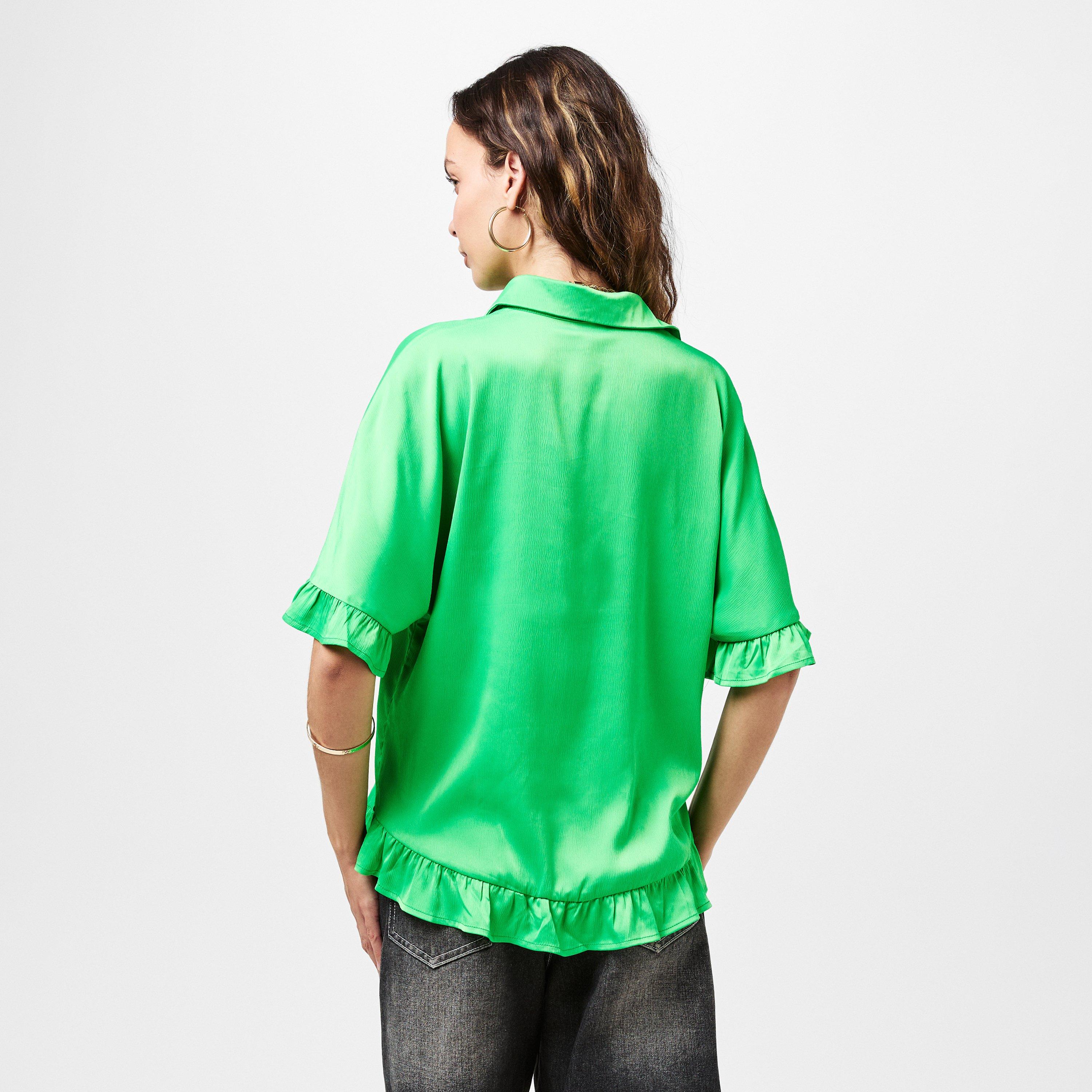 Green - AX Paris - Frill Detail Gold Button Front Shirt - 4