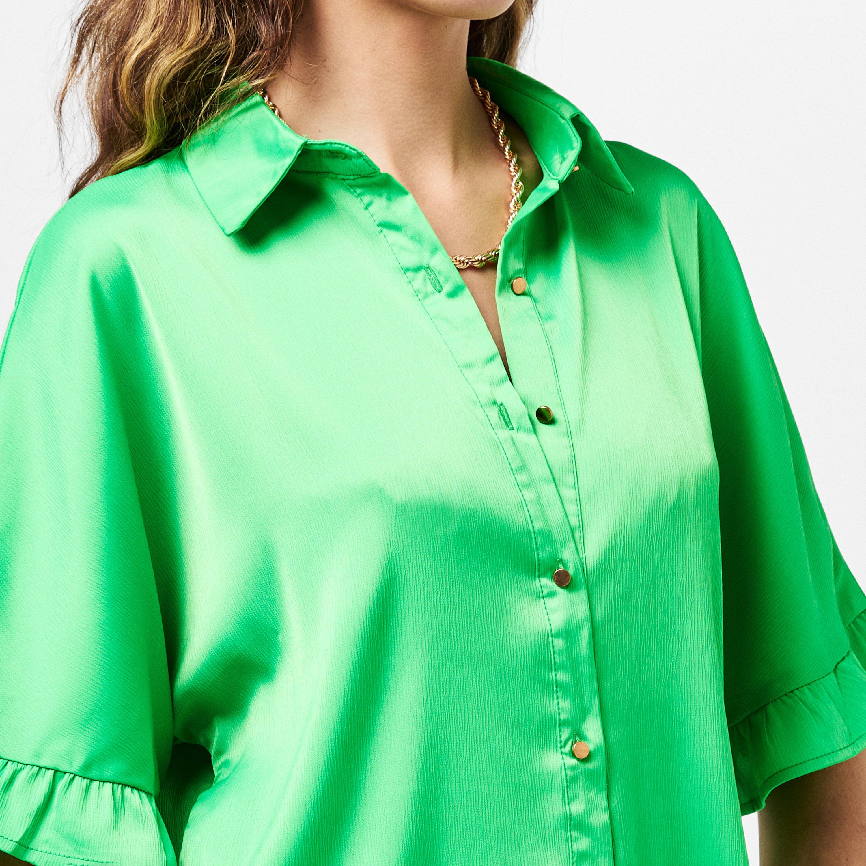 Green - AX Paris - Frill Detail Gold Button Front Shirt - 5