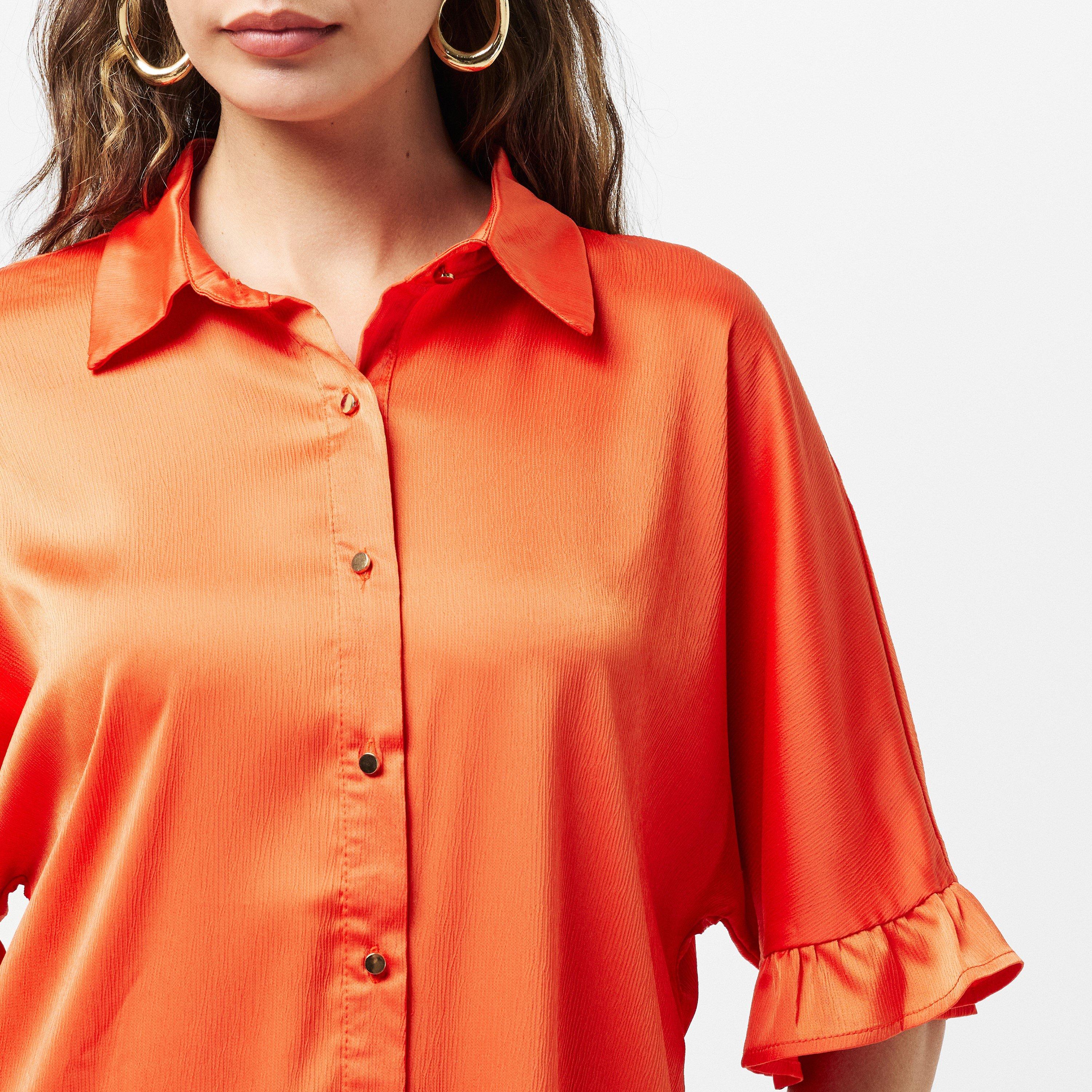 Orange - AX Paris - Frill Detail Gold Button Front Shirt - 5