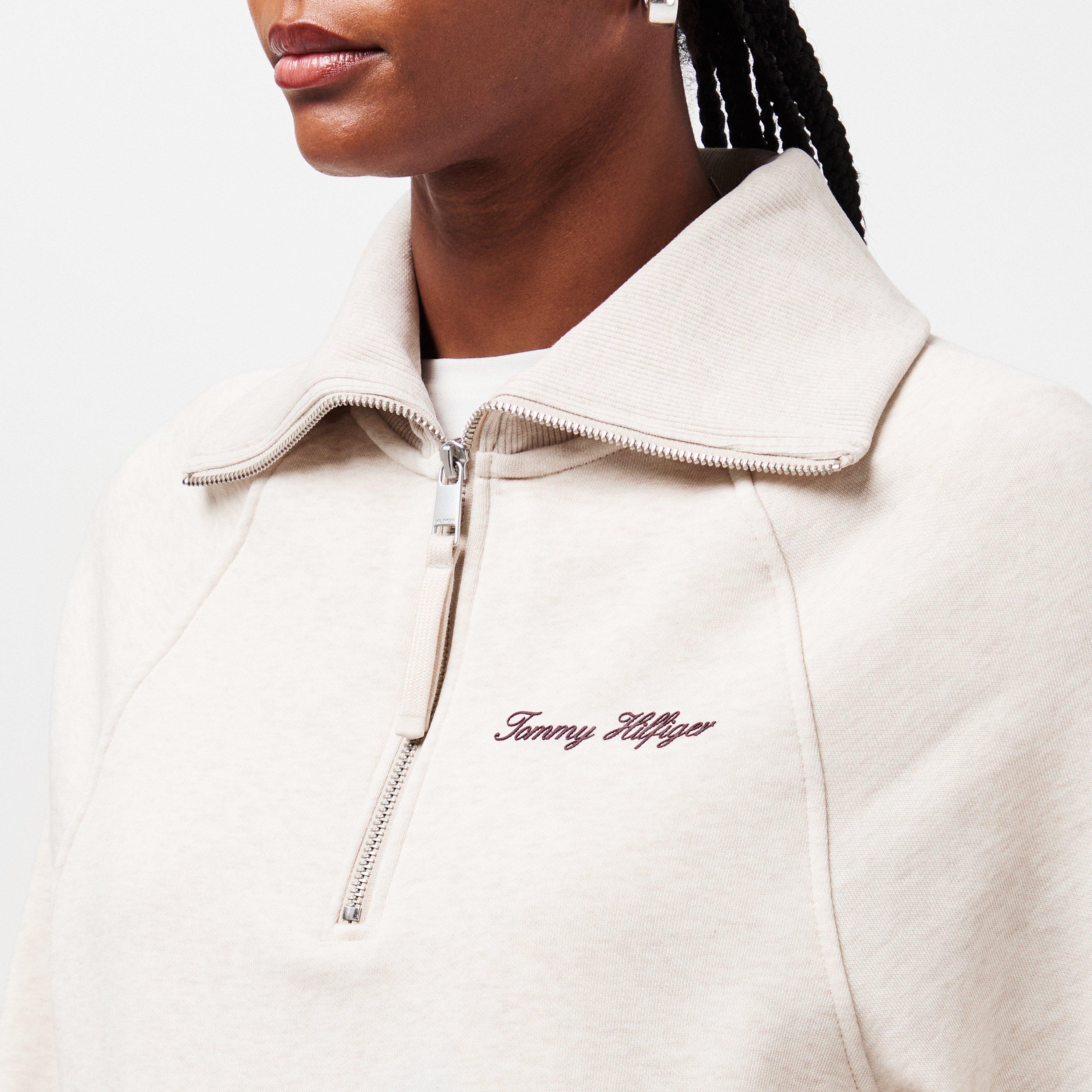 Heather Oatmilk - Tommy Hilfiger - Women's Script quarter Zip Fleece - 5