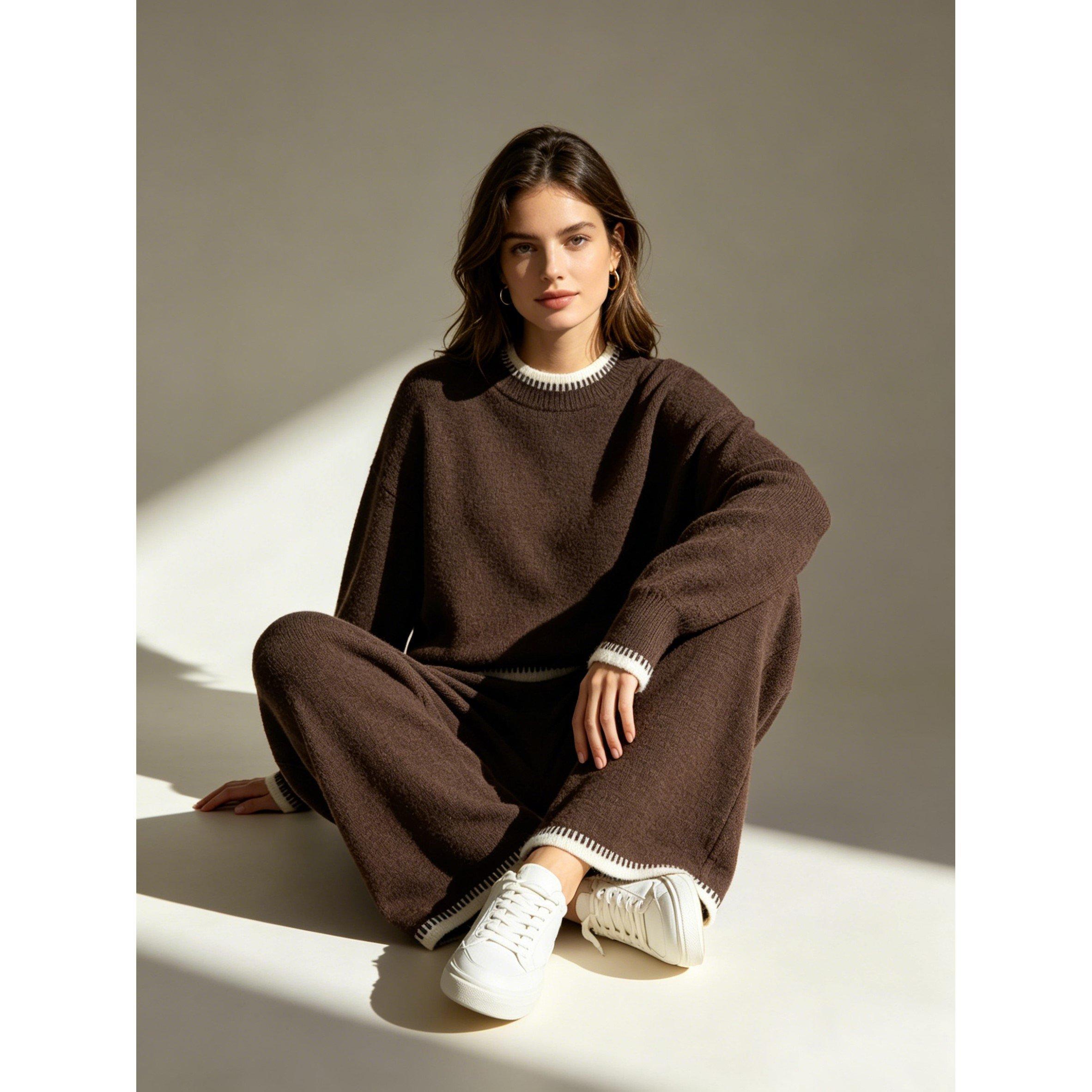 Brown - Miso - Long sleeve Contrast Hem Set Knitwear Women - 3