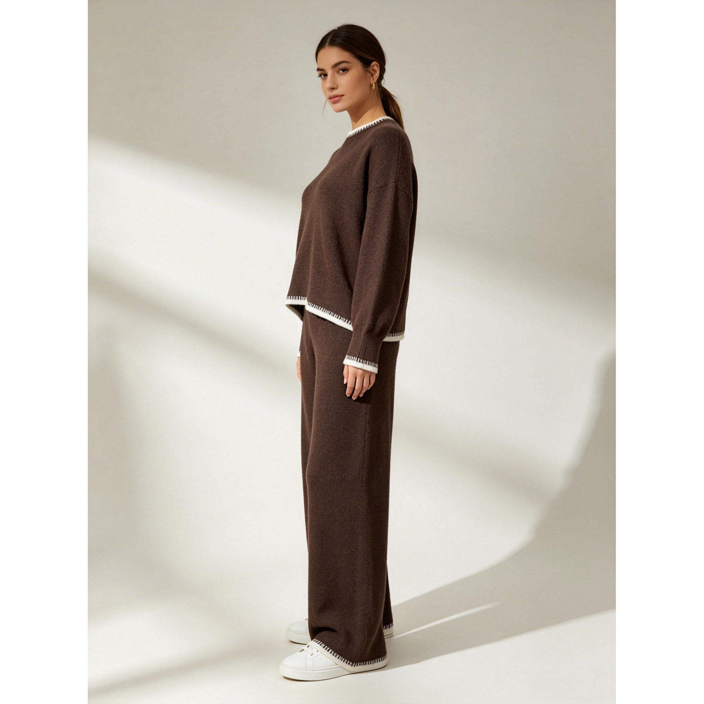 Brown - Miso - Long sleeve Contrast Hem Set Knitwear Women - 4