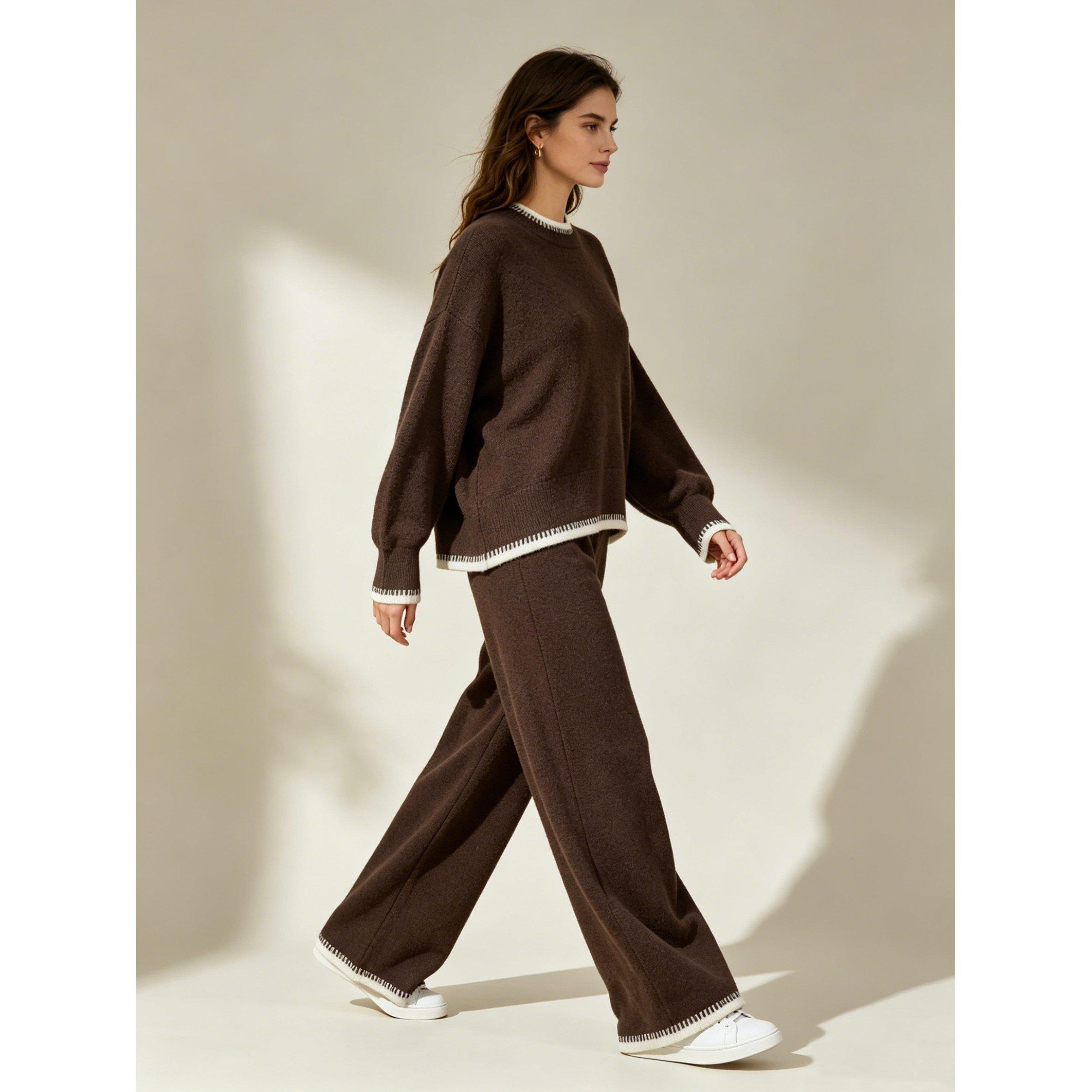 Brown - Miso - Long sleeve Contrast Hem Set Knitwear Women - 5