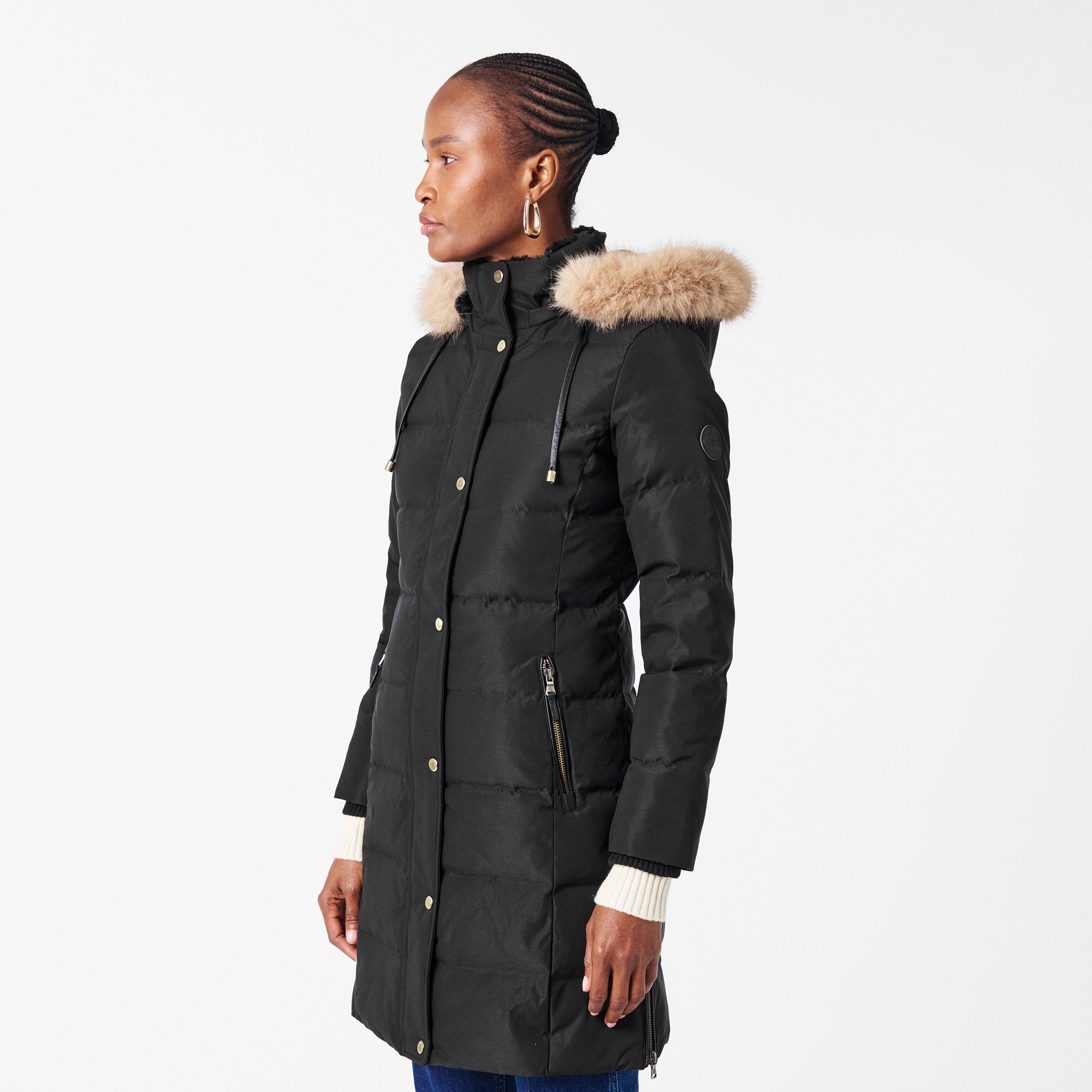 Black - Lauren by Ralph Lauren - Women's Real Leather Fur Hood Medium Puffer Jacket - 3