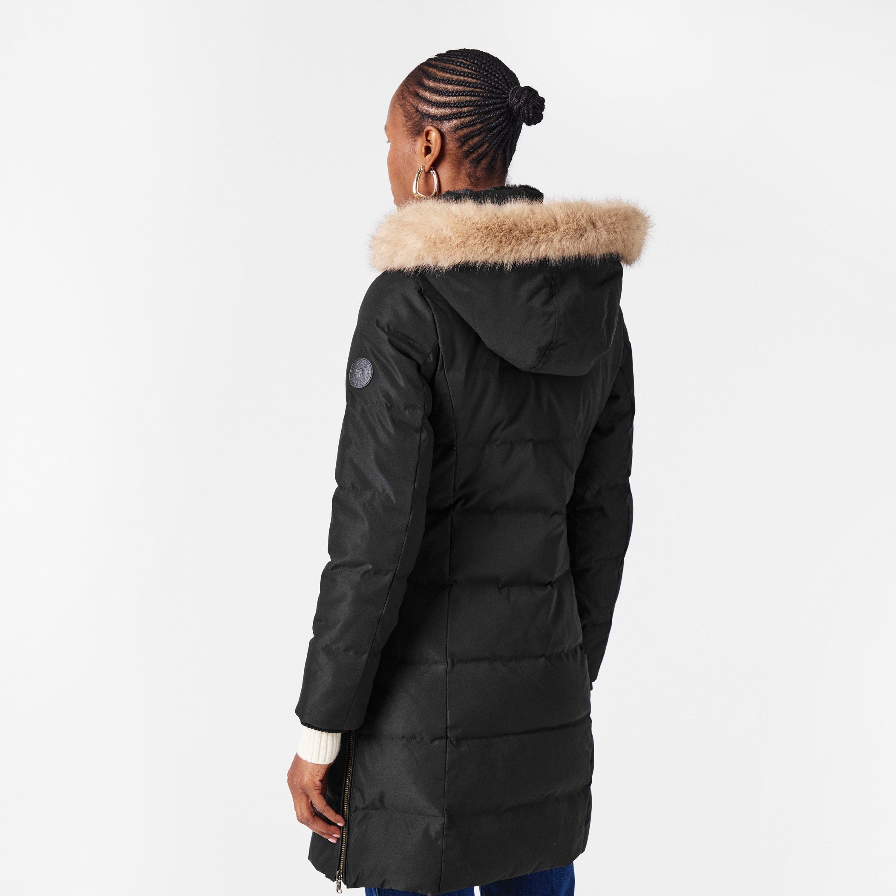 Black - Lauren by Ralph Lauren - Women's Real Leather Fur Hood Medium Puffer Jacket - 4