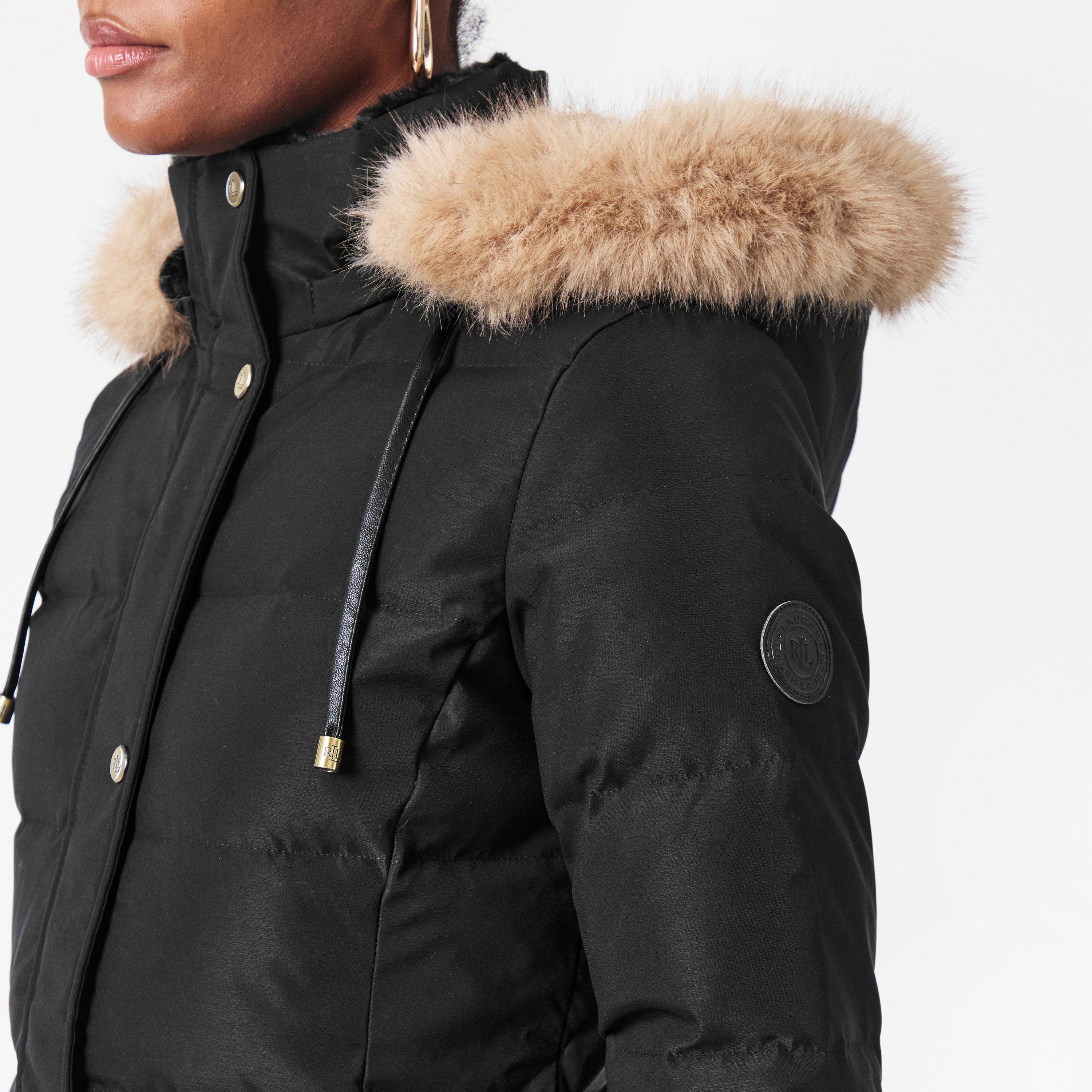 Black - Lauren by Ralph Lauren - Women's Real Leather Fur Hood Medium Puffer Jacket - 5