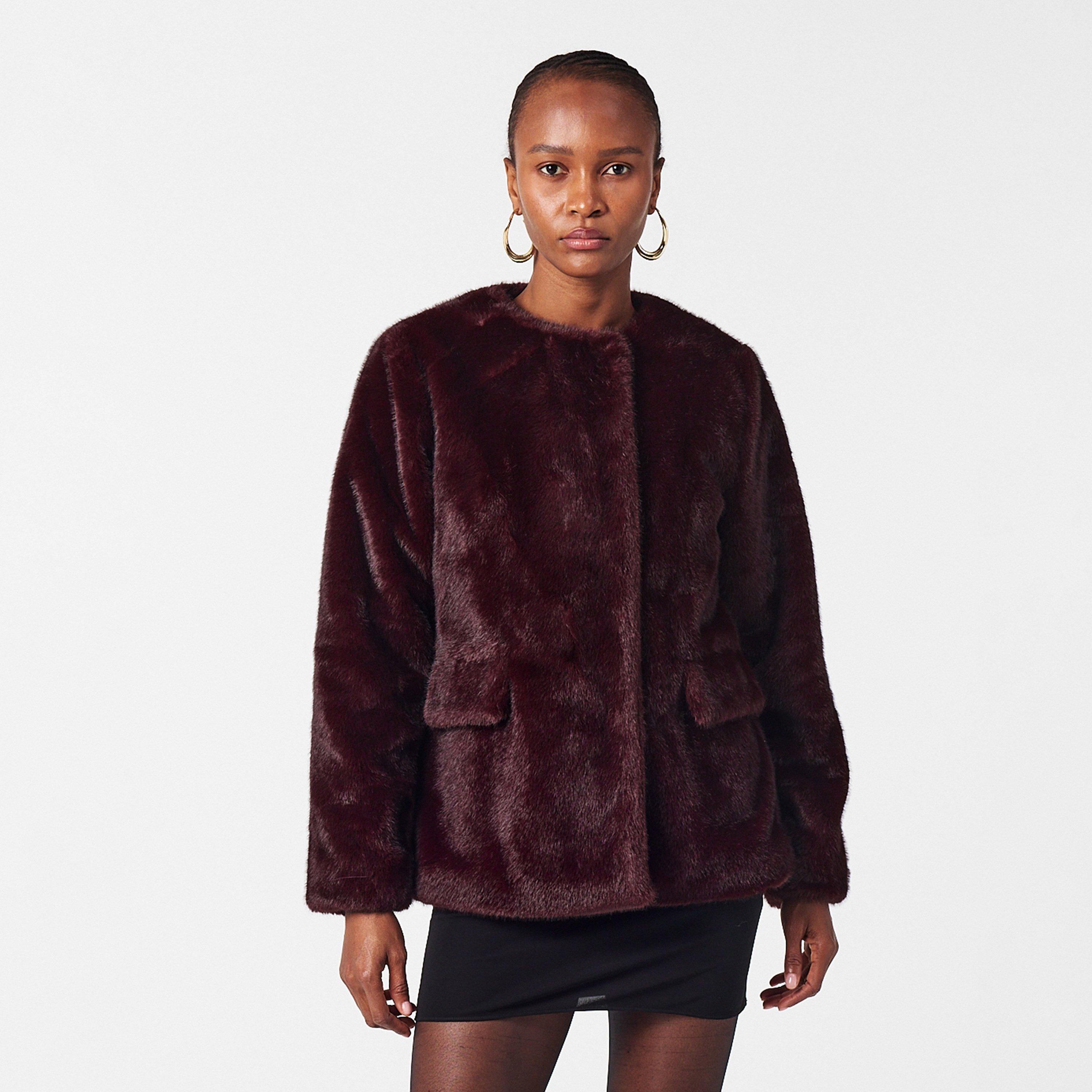 Dark Garnet - Lauren by Ralph Lauren - Women's Real Leather FX Fur Teddy Coat - 3