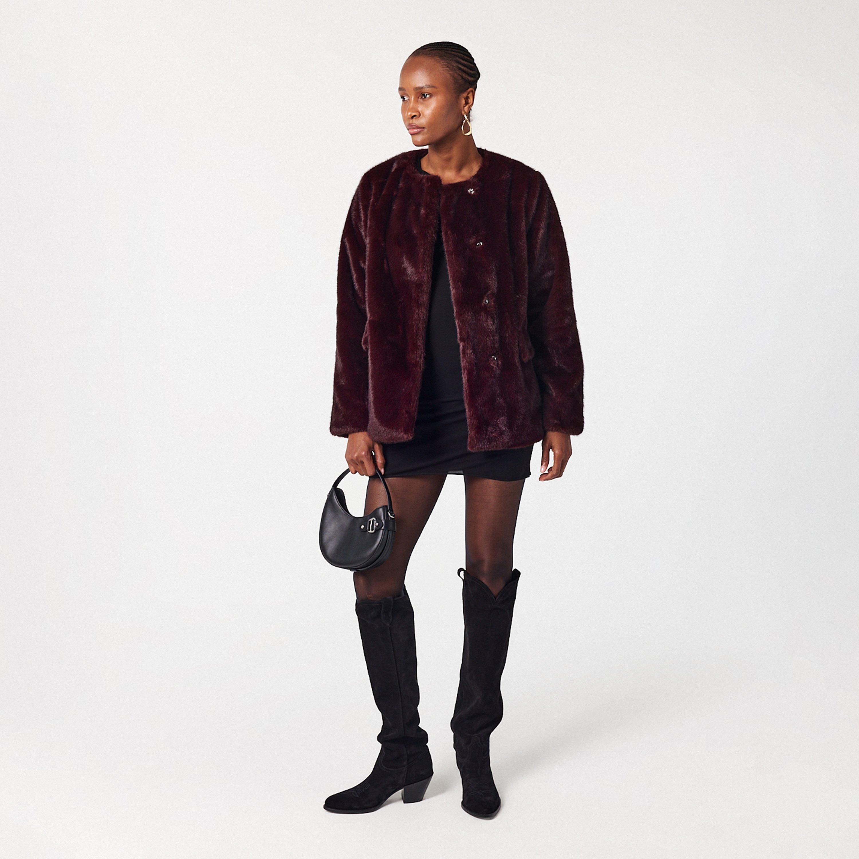 Dark Garnet - Lauren by Ralph Lauren - Women's Real Leather FX Fur Teddy Coat - 6