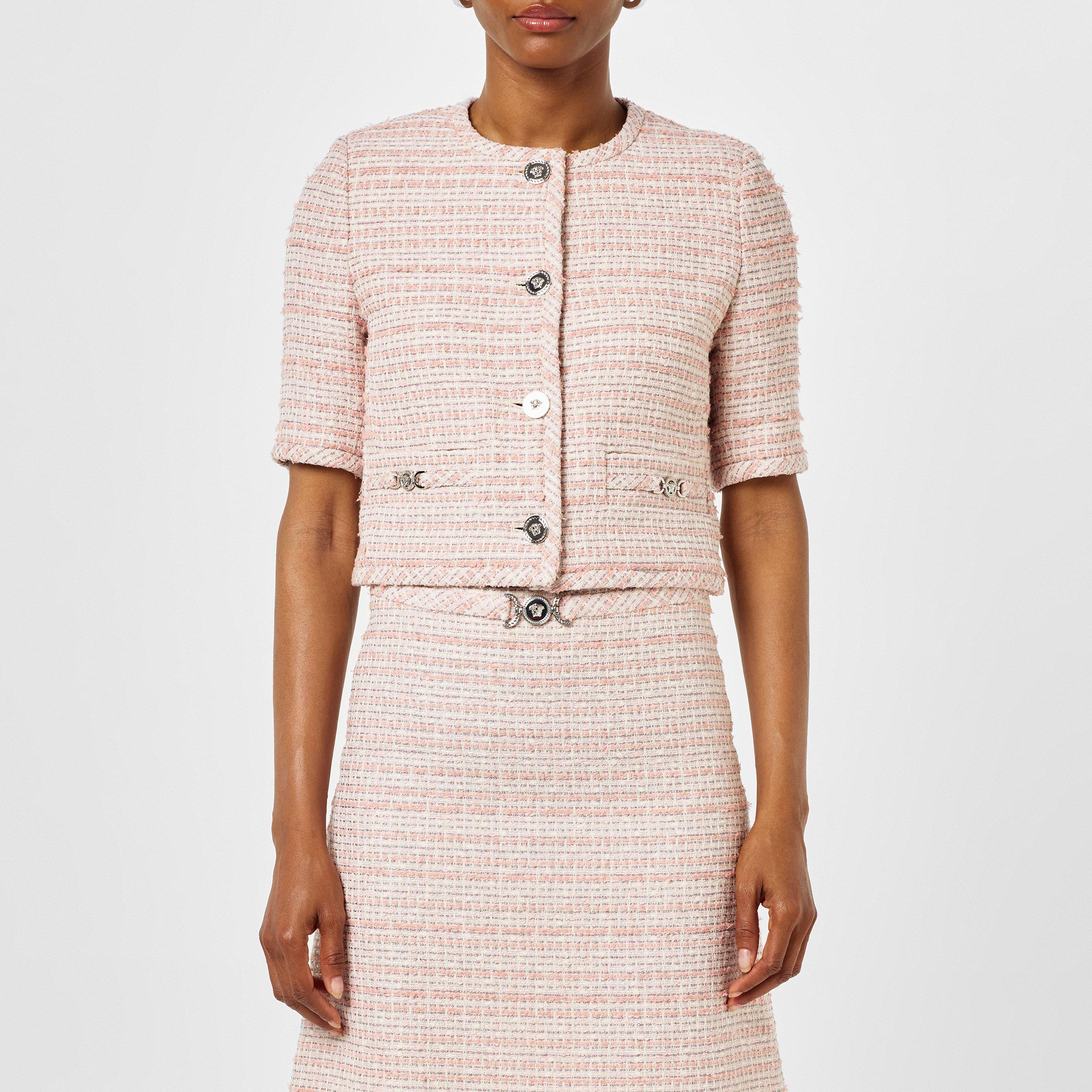 Dsty Rose/Ivory - Versace - Women's Tweed Cotton Short Sleeve Overcoat - 1