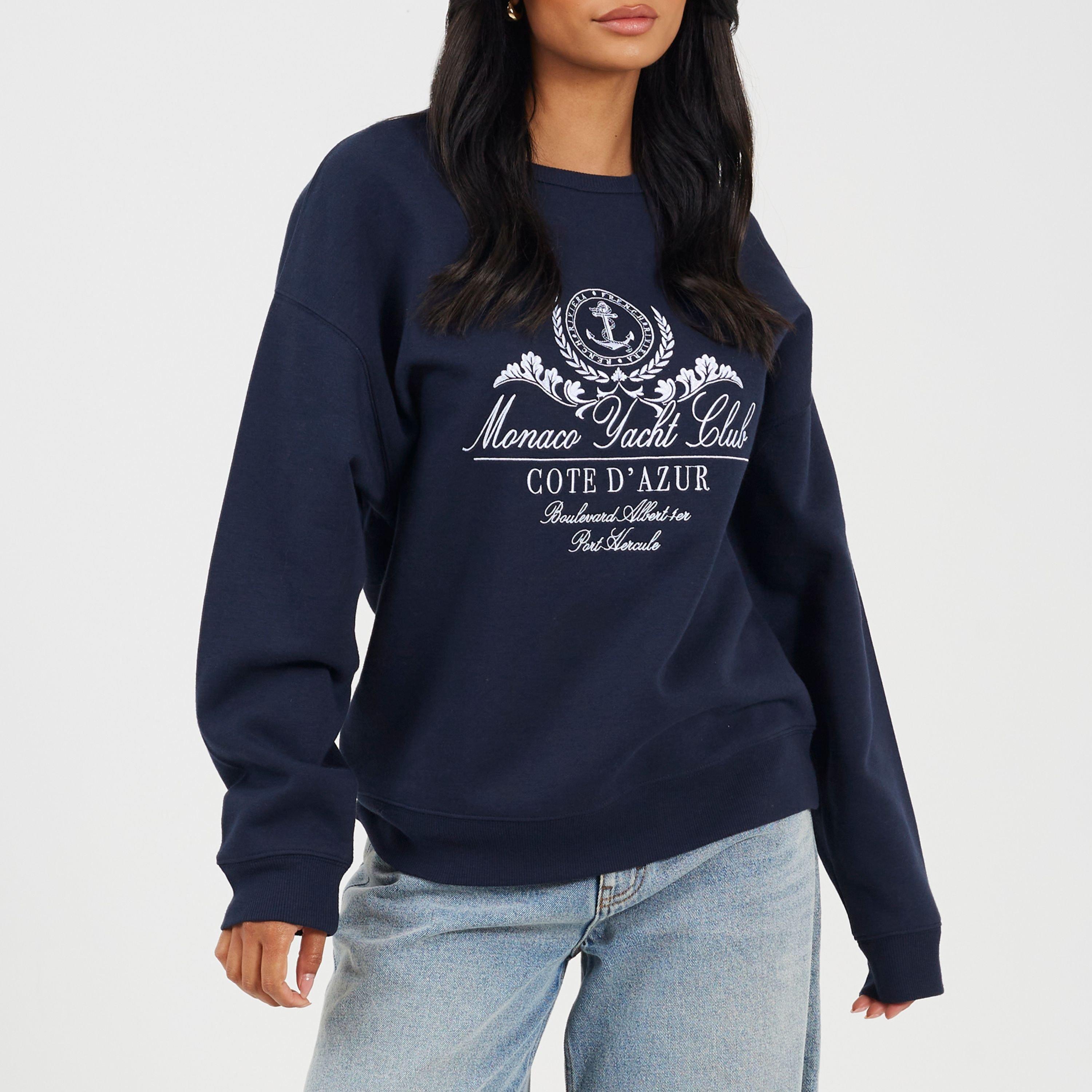 Brave Soul Women's Bs Crew Neck Sweatshirt With Monaco Yacht Club Embroidery - Navy/White - 10 (S)