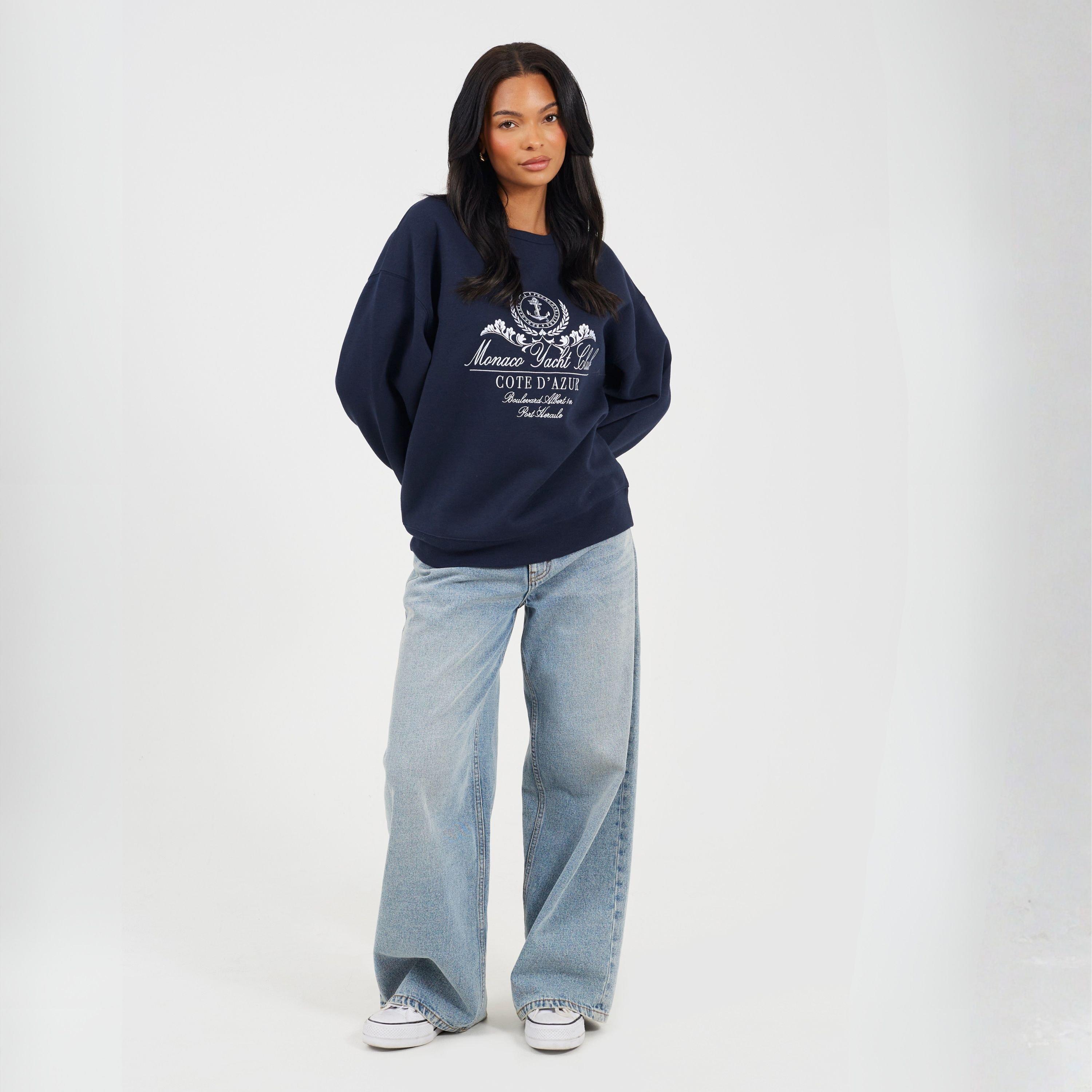 Navy/Hvid - Brave Soul - BS Womens Crew Neck Sweatshirt with Monaco Yacht Club Embroidery - 4