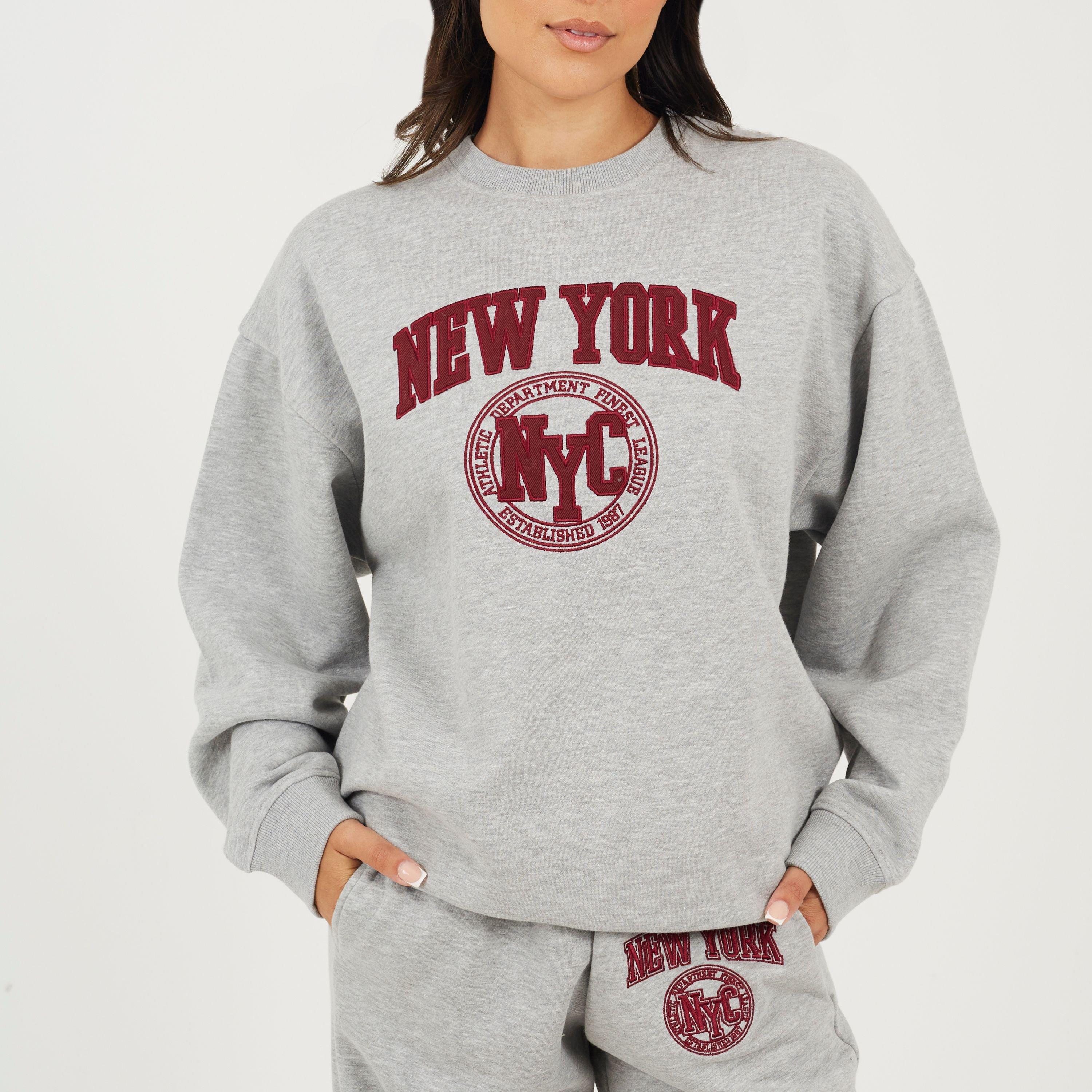 Brave Soul Women's Bs Crew Neck Sweatshirt With New York Embroidery. - Grey Marl/Red - 12 (M)