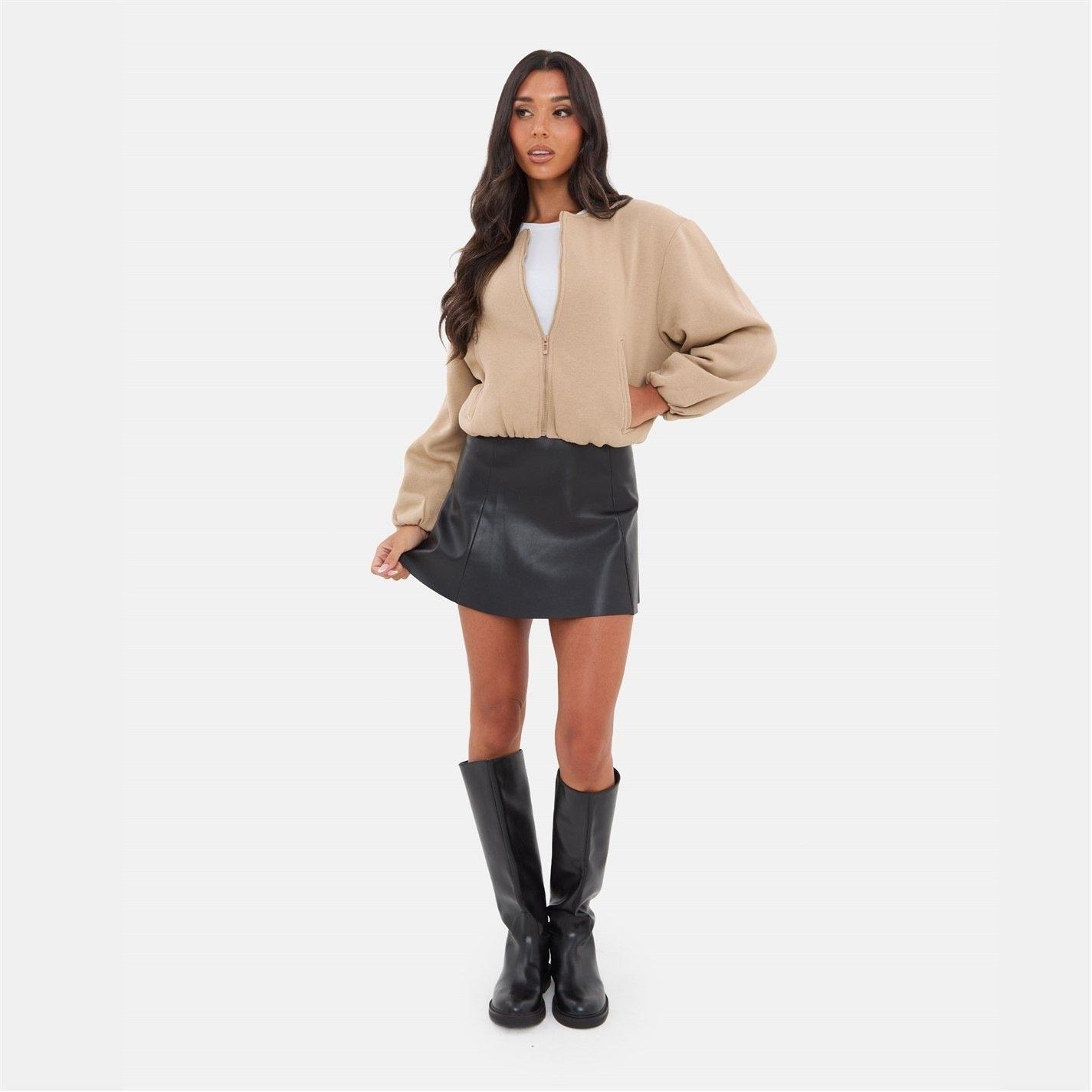 Taupe - I Saw It First - Women's Bubble Hem Long Sleeve Bomber Jacket - 1