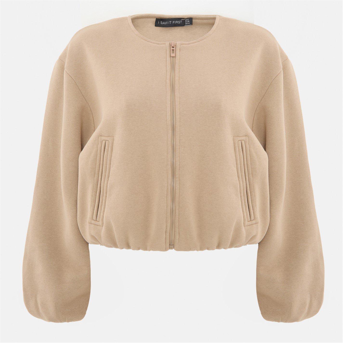 Taupe - I Saw It First - Women's Bubble Hem Long Sleeve Bomber Jacket - 2