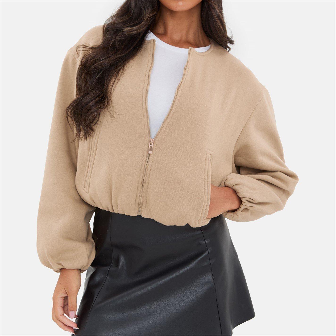 Taupe - I Saw It First - Women's Bubble Hem Long Sleeve Bomber Jacket - 4