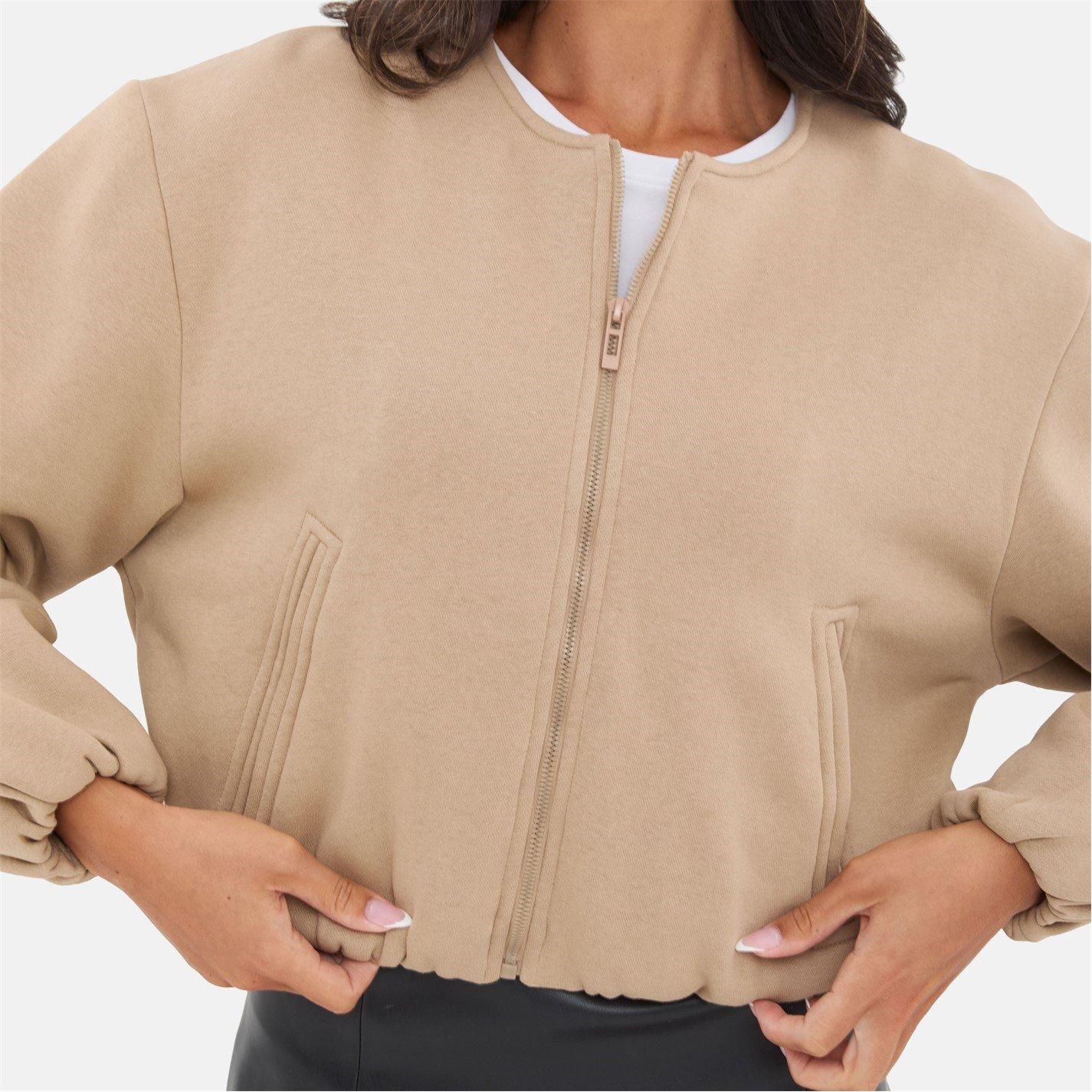 Taupe - I Saw It First - Women's Bubble Hem Long Sleeve Bomber Jacket - 5