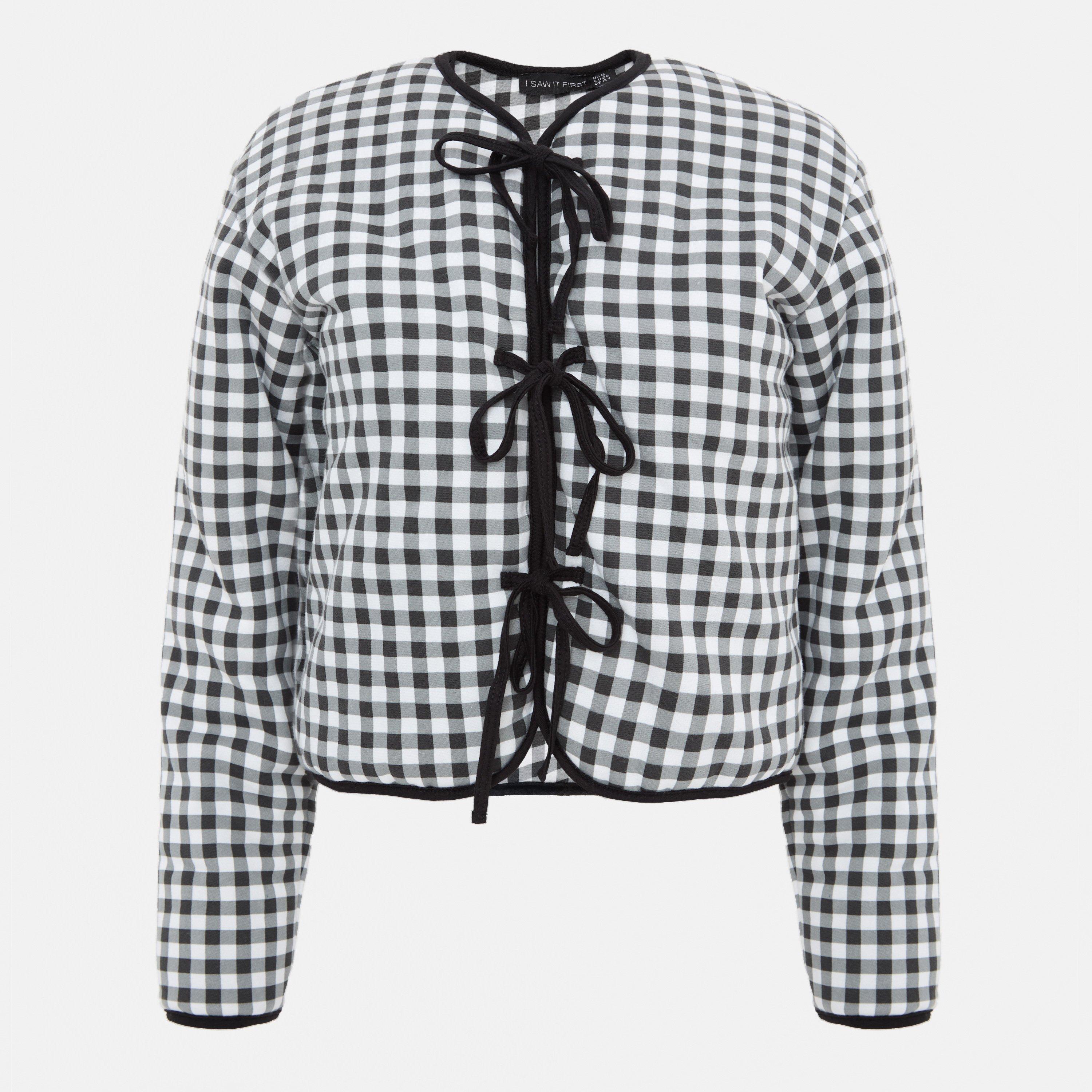Mono Gingham - I Saw It First - Women's Gingham Tie Detail Long Sleeve Field Jacket - 1