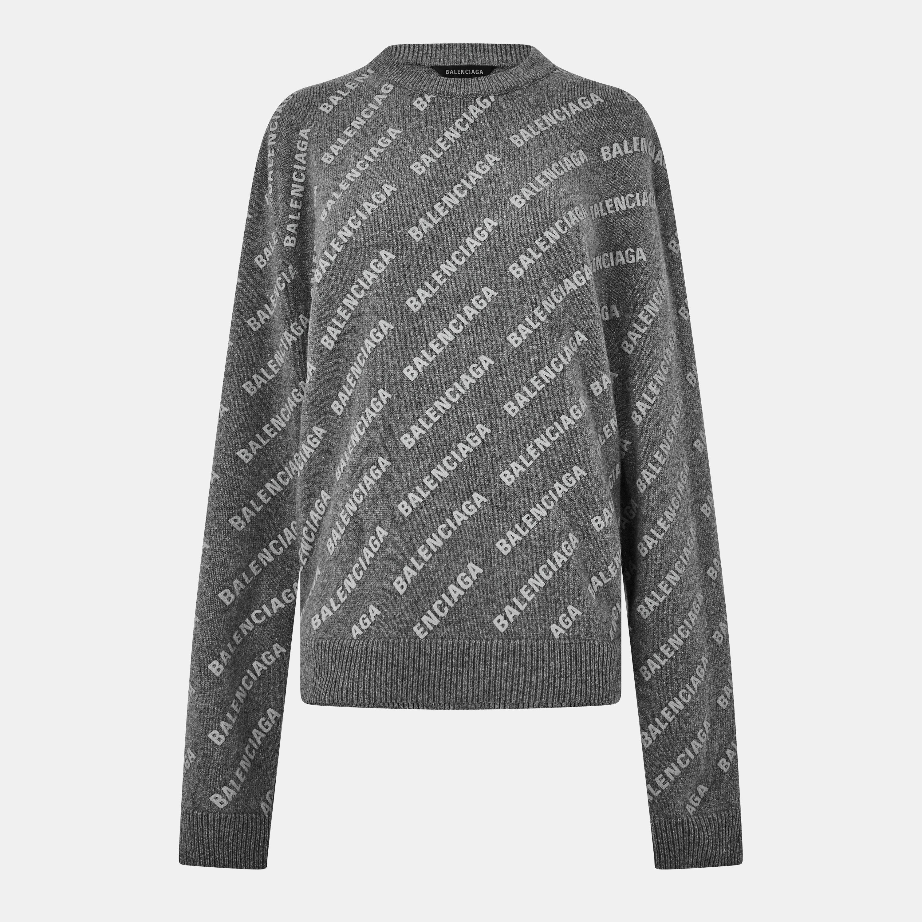 Balenciaga Mini All-over Logo Sweater - Heather Grey - Size 12 (M)