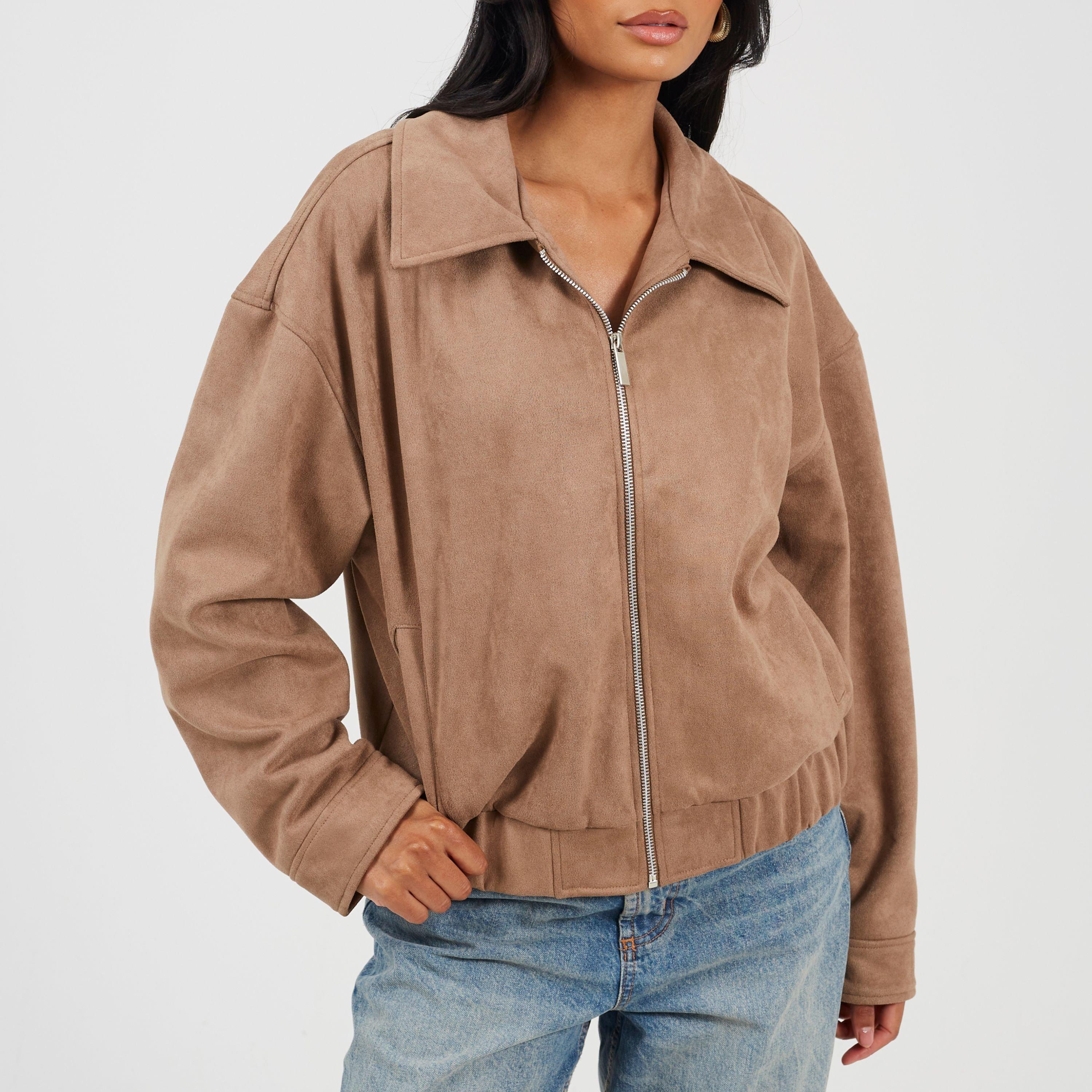 Brave Soul Women's Bs Fauz Suede Bomber Jacket With Collar - Taupe - 10 (S)