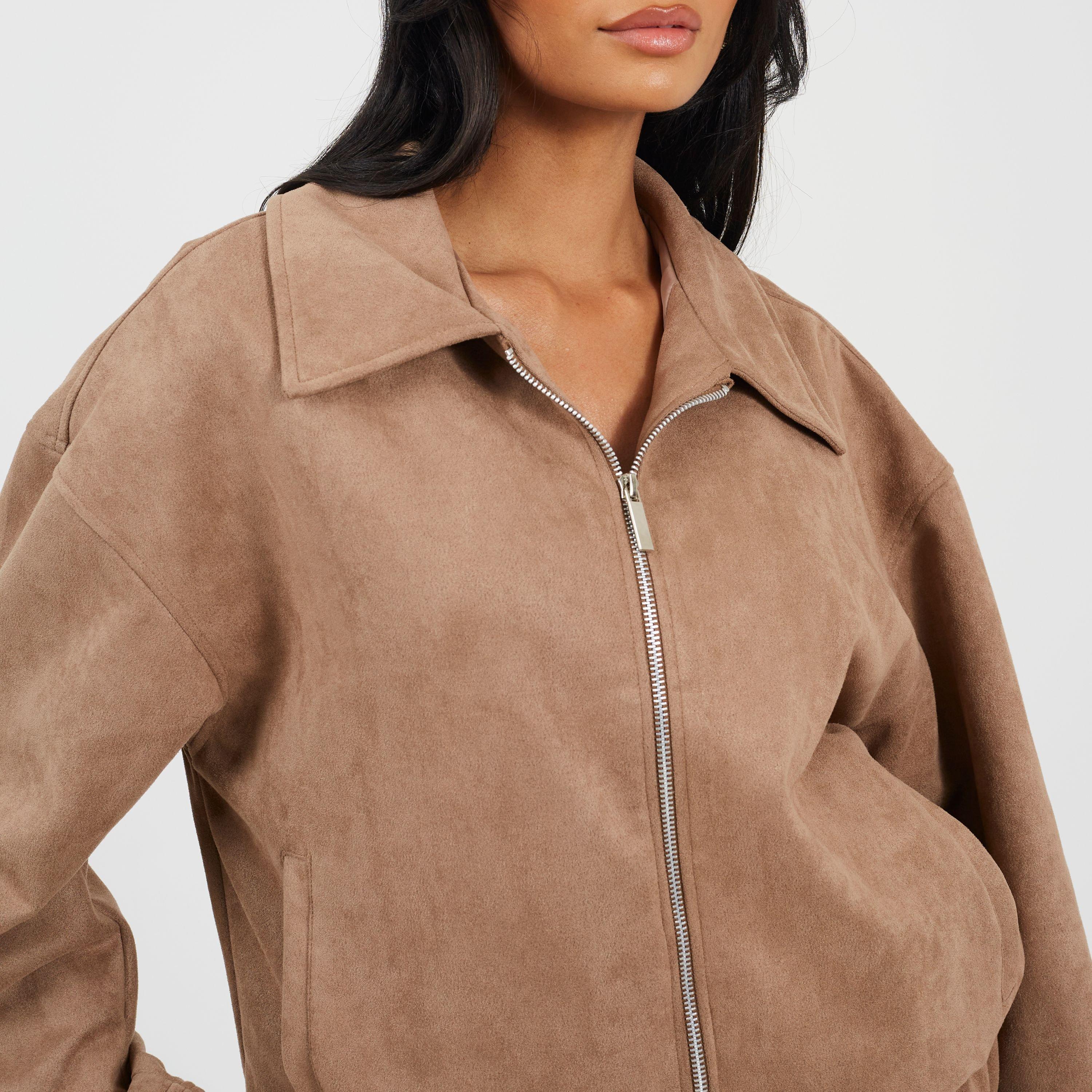 Taupe - Brave Soul - BS Womens Fauz Suede Bomber Jacket with Collar - 3