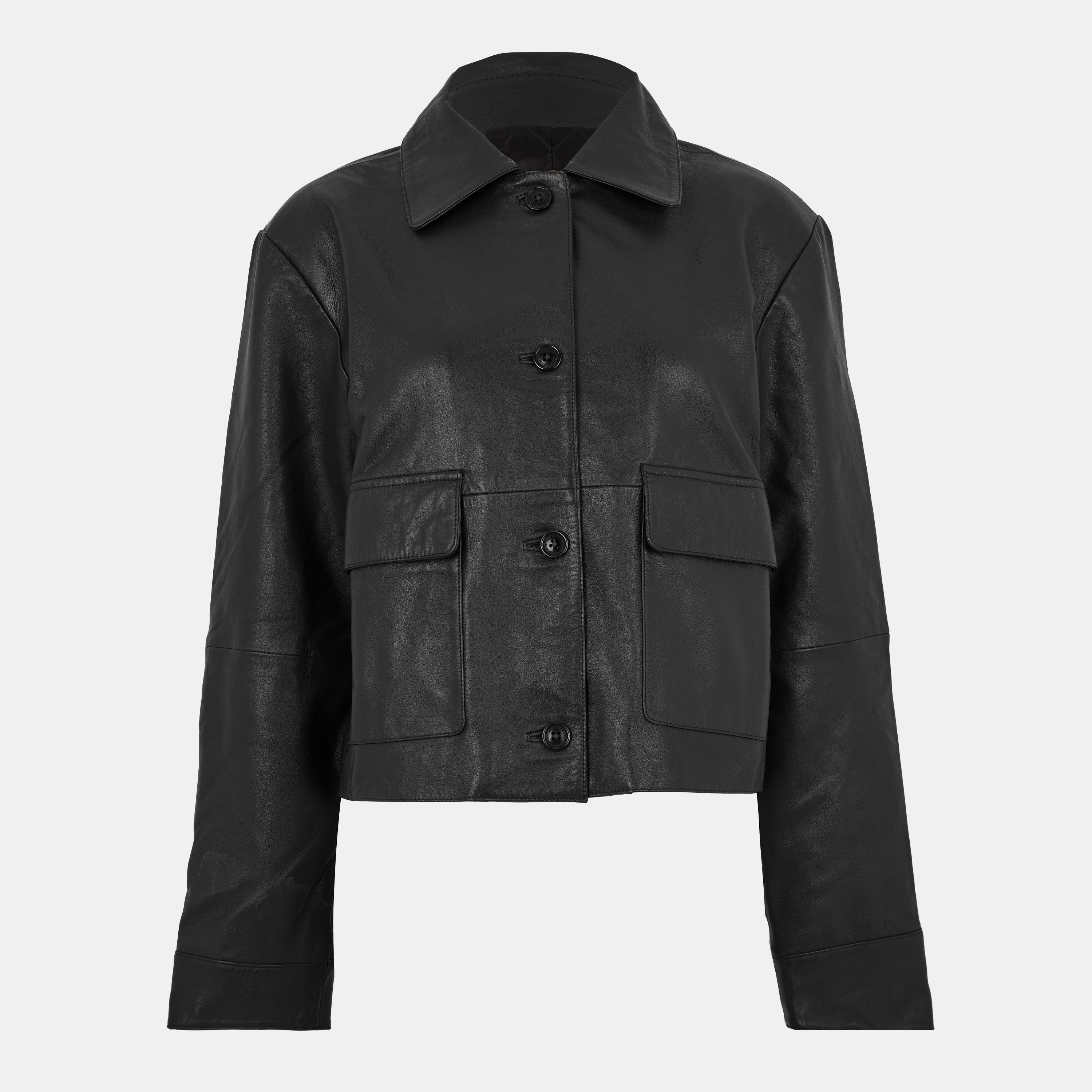 Black - Biba - Women's Collar Hip Length Long Sleeve Leather Jacket - 1