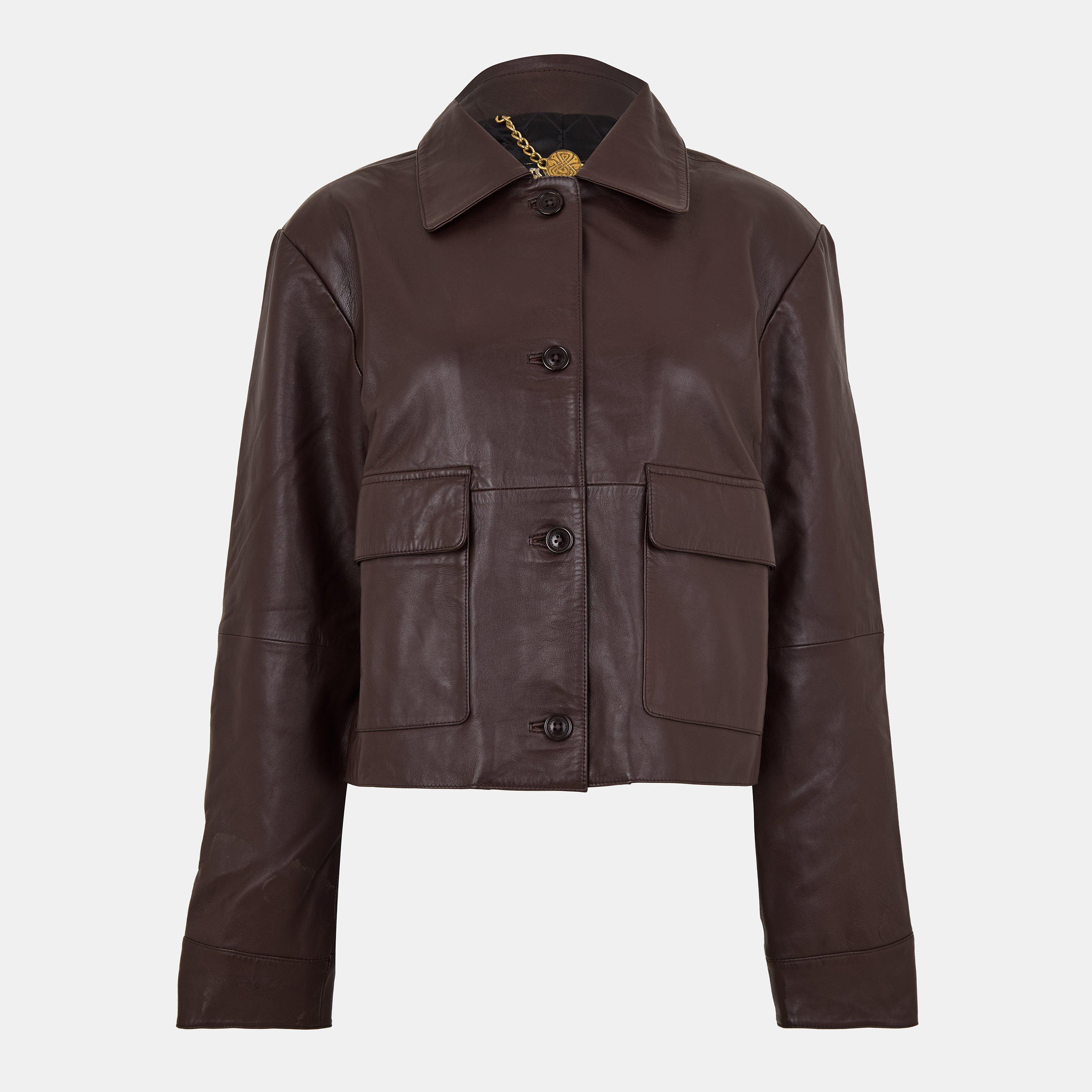 Biba Women's Collar Hip Length Long Sleeve Leather Jacket - Brown - 16 (XL)