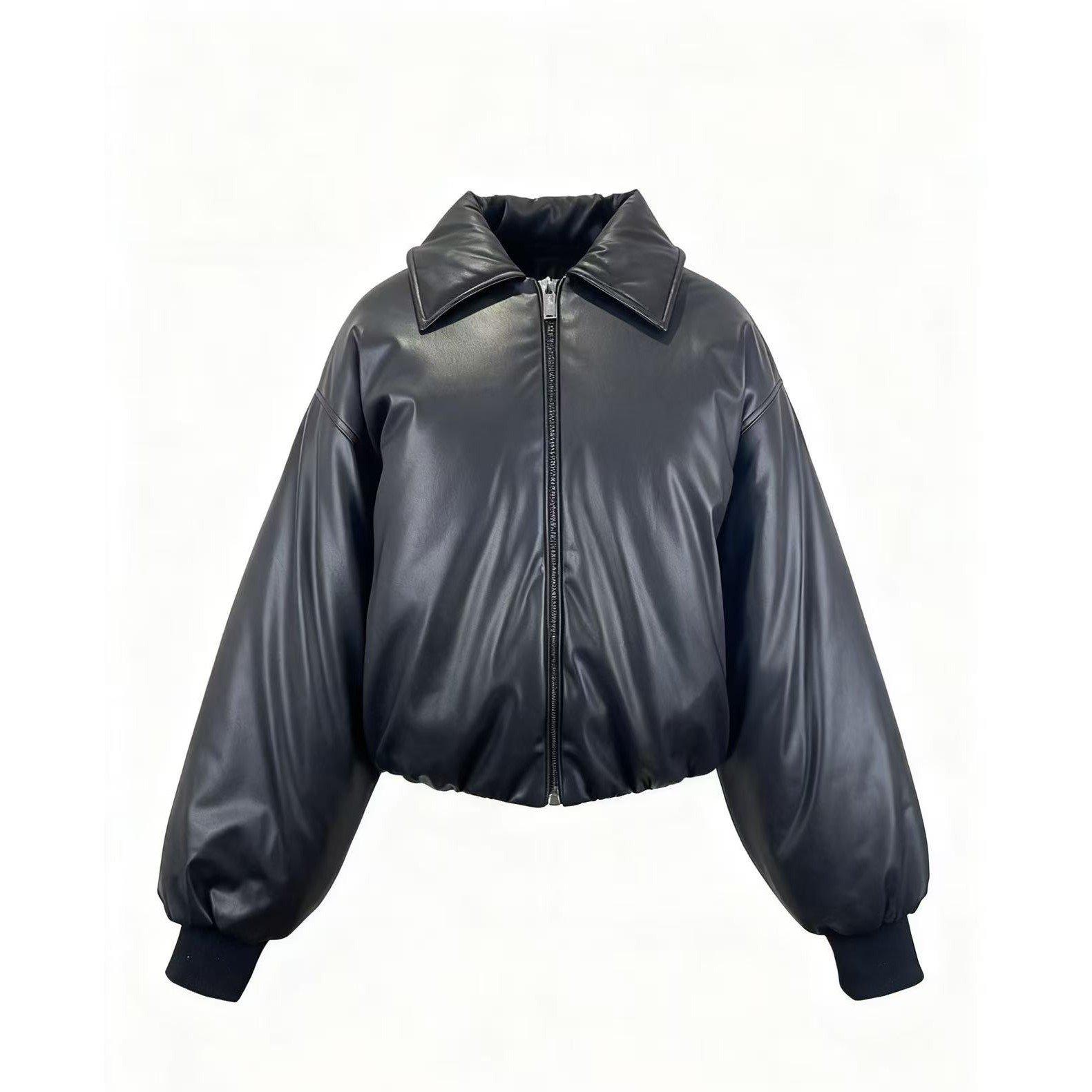 Black - Kangol - Women's Faux Leather Long Sleeve Full Zip Bomber Jacket - 1