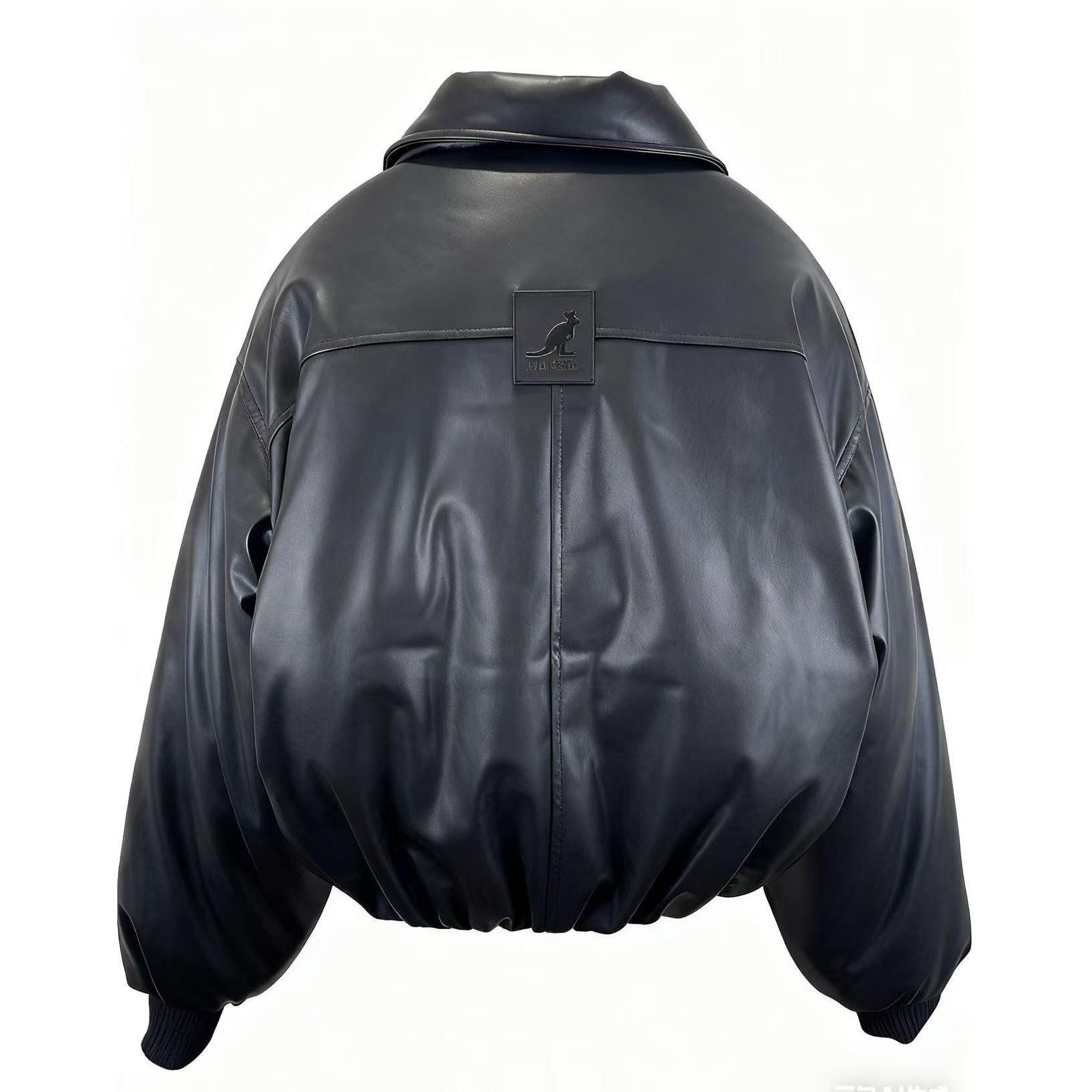 Black - Kangol - Women's Faux Leather Long Sleeve Full Zip Bomber Jacket - 2