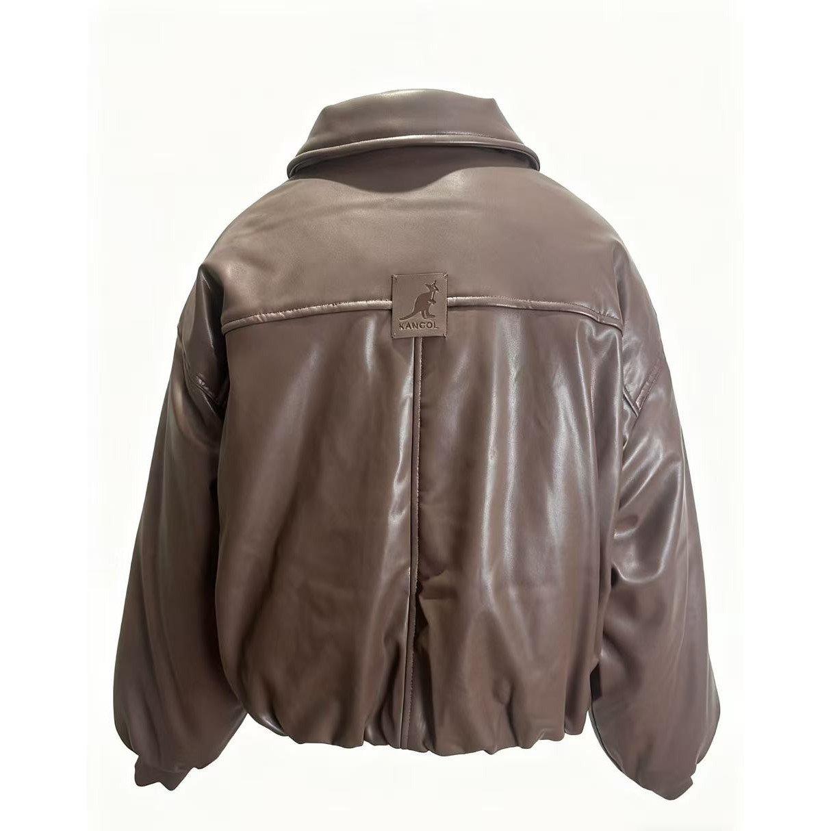Brown - Kangol - Women's Faux Leather Long Sleeve Full Zip Bomber Jacket - 2