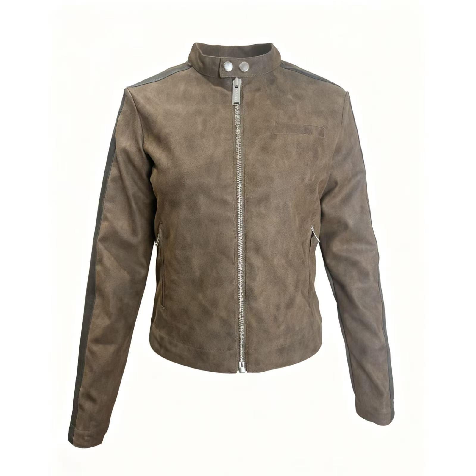 Brown - Kangol - Women's Racer Faux Leather Long Sleeve Funnel Neck Jacket - 1