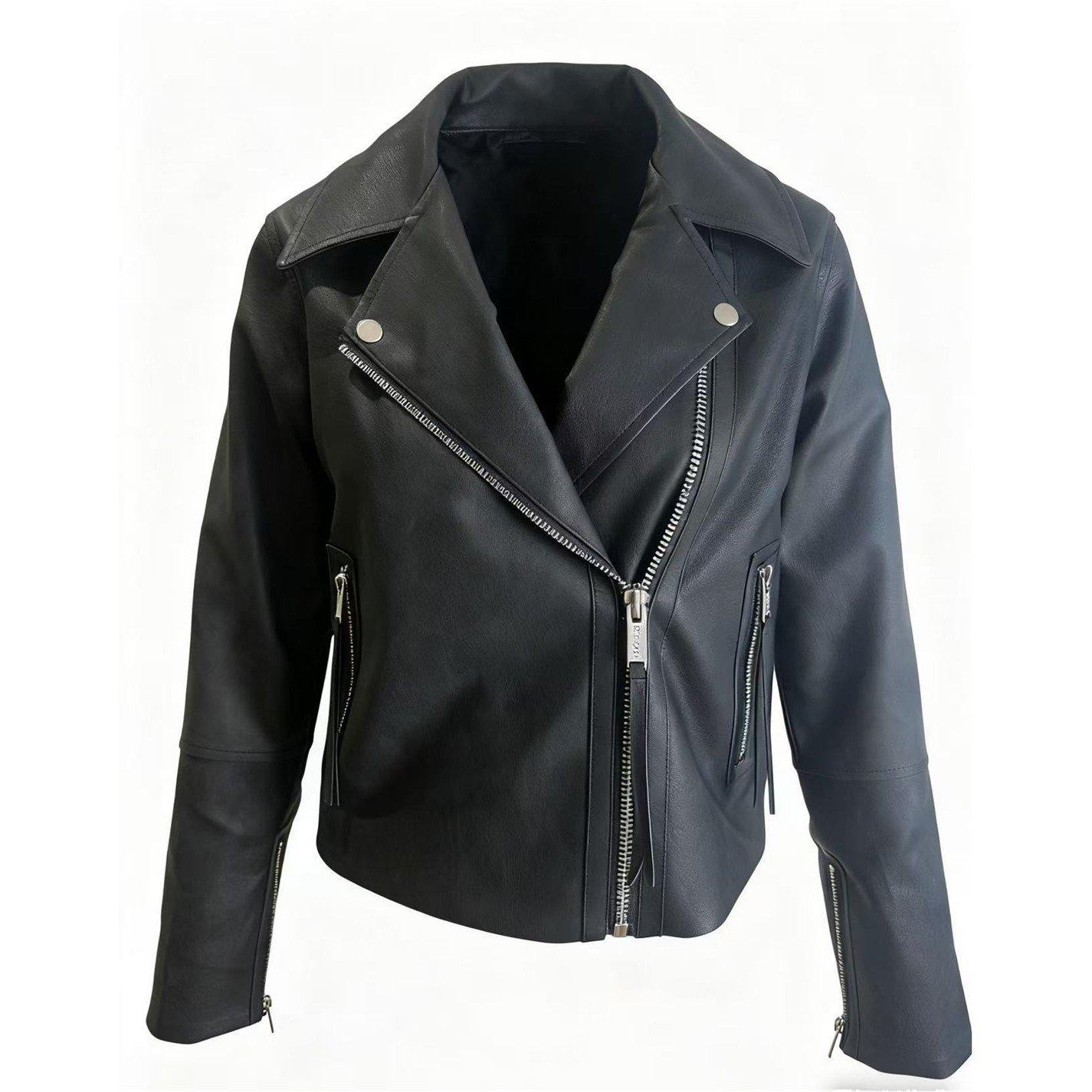 Black - Kangol - Women's Biker Faux Leather Waist Length Slim Fit Jacket - 1