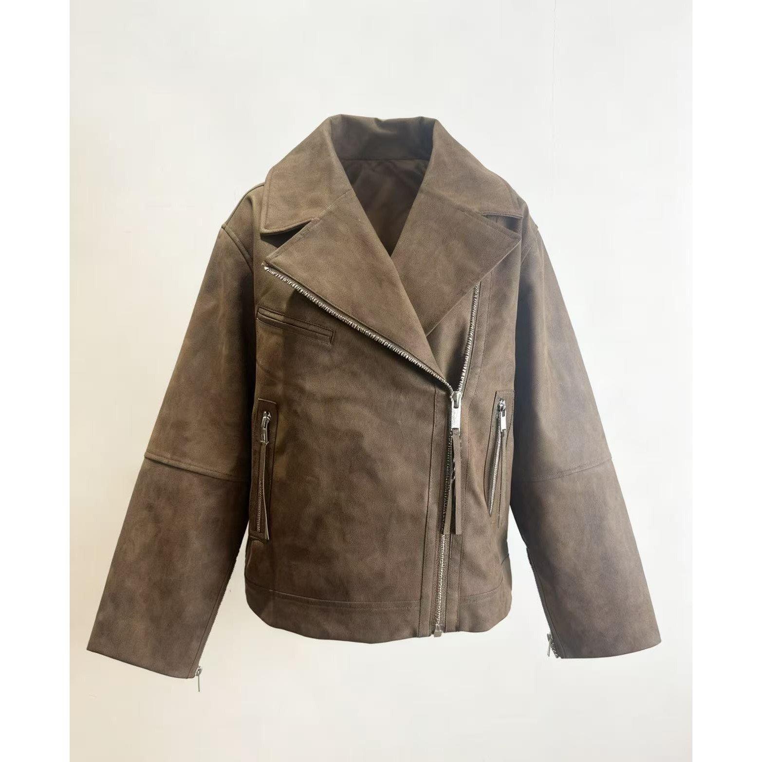 Brown - Kangol - Women's Oversized Full Zip Faux Leather Jacket - 1