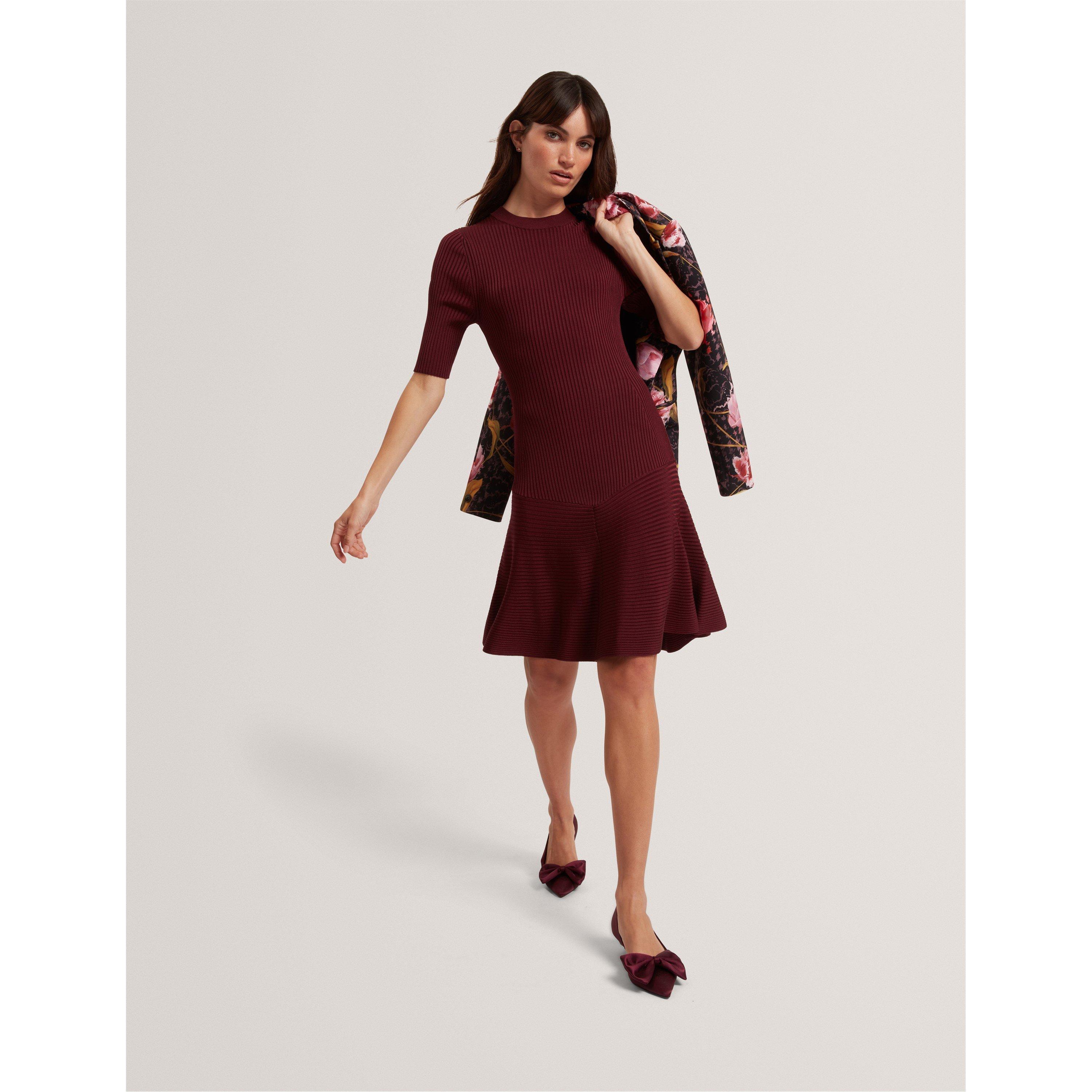 Maroon - Ted Baker - Women's Short-Sleeve Knitted Jumper Dress - 5