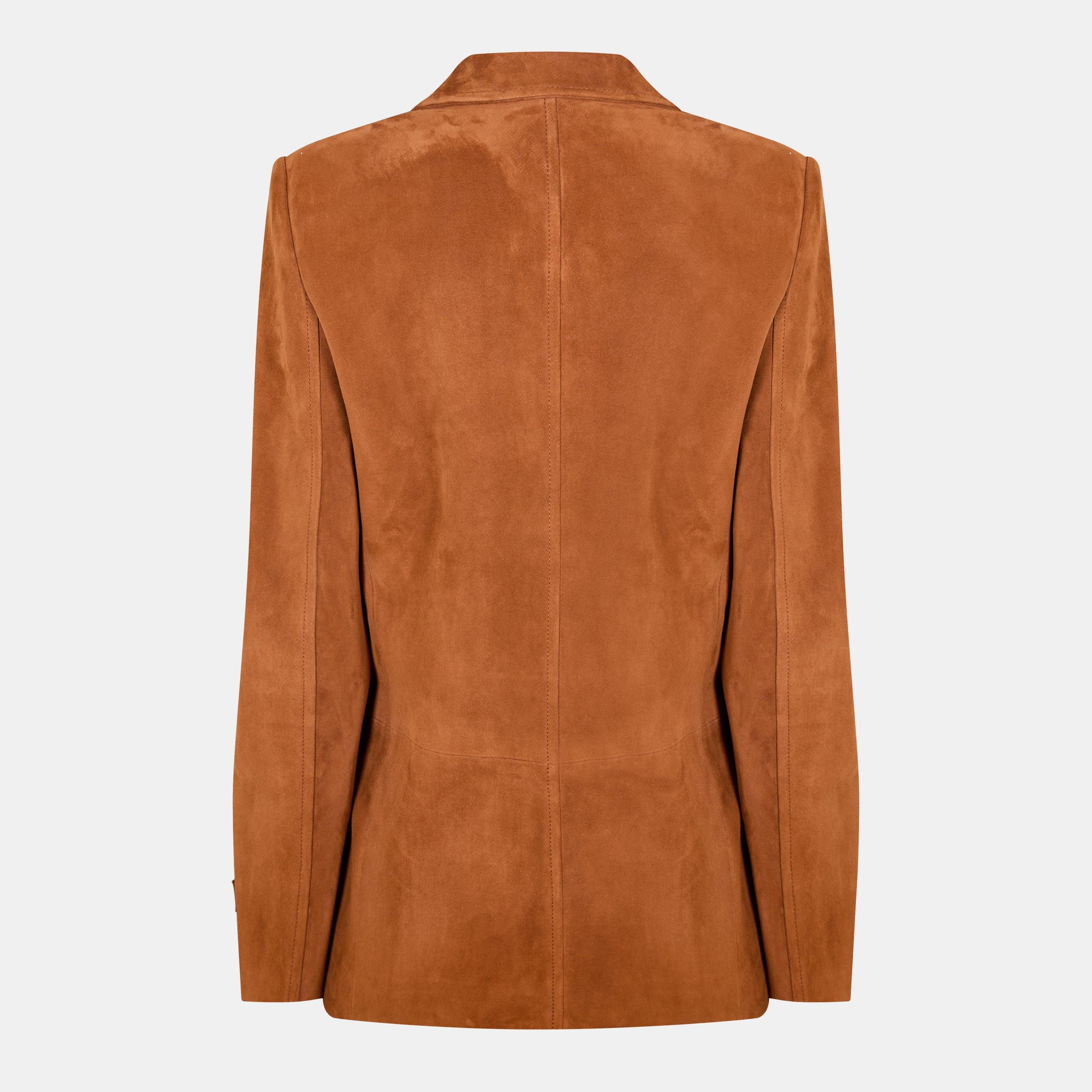 Spice Brown - Versace - Women's  Suede Lapel Long Sleeve Button-Up Leather Jacket - 2