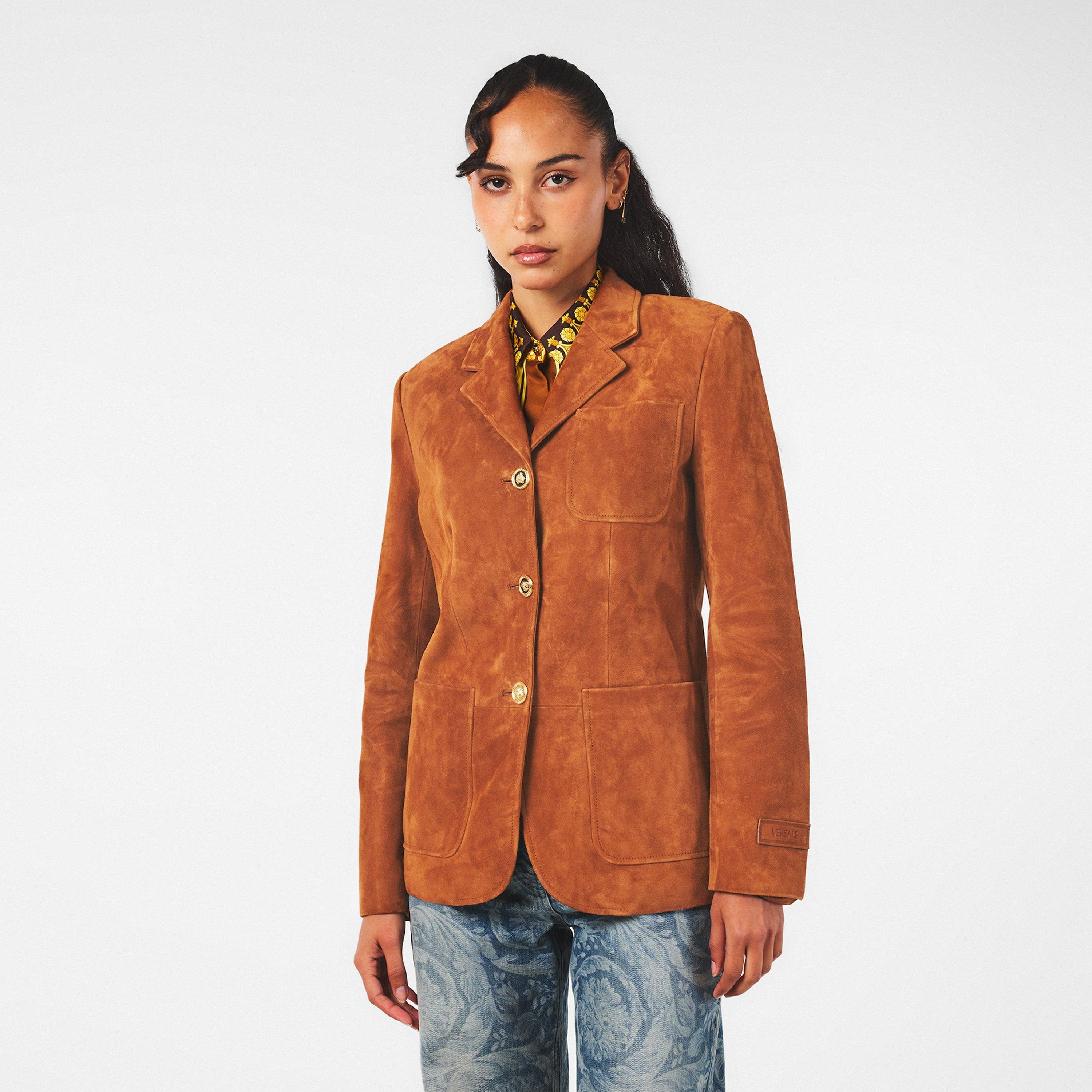 Spice Brown - Versace - Women's  Suede Lapel Long Sleeve Button-Up Leather Jacket - 3
